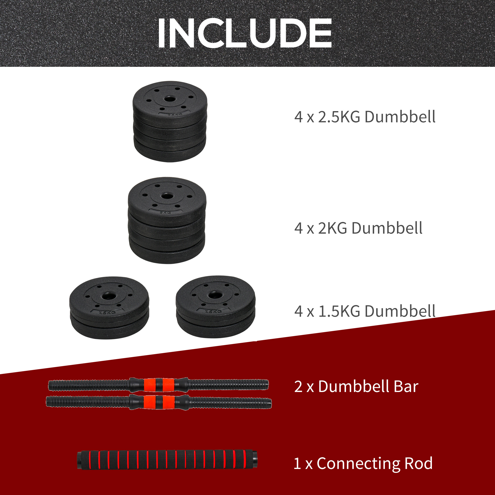 HOMCOM 25kg 2 IN 1 Adjustable Dumbbells Weight Set, Dumbbell Hand Weight Barbell for Body Fitness, Lifting Training for Home, Office, Gym, Black 5