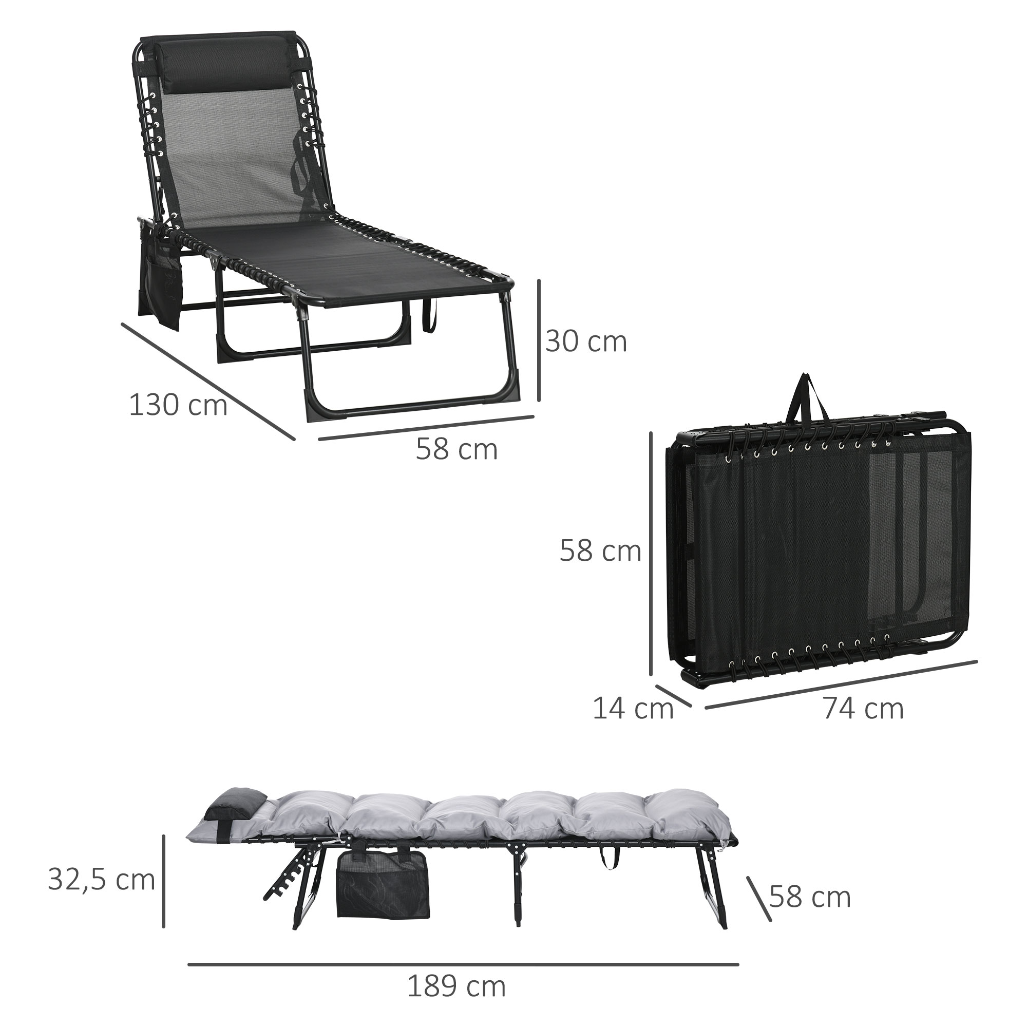 Kokkupandav lamamistool, 5-astmeline seljatugi, padi, alus, kuni 120 kg, teras, helehall, 58 x 189 x 32,5 cm