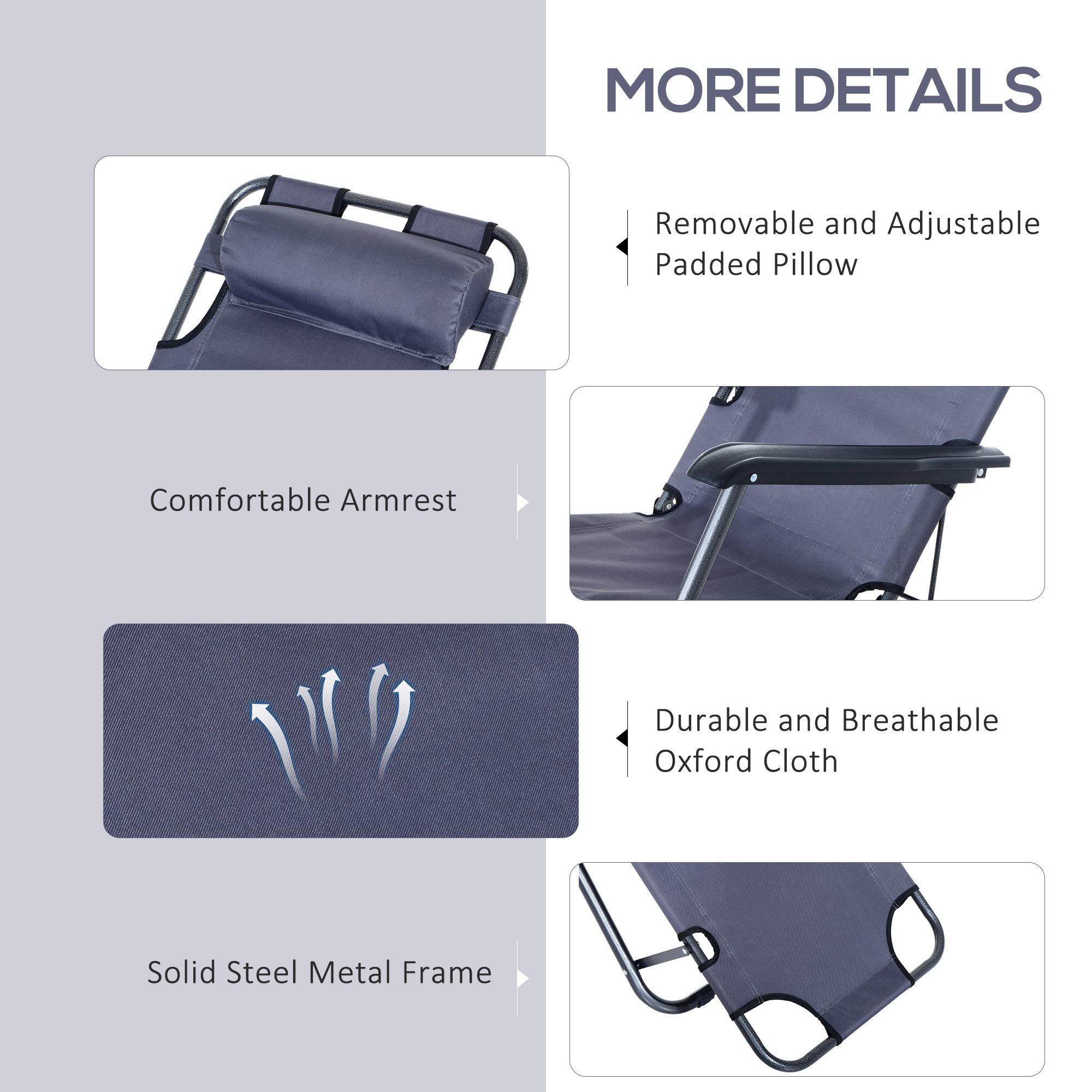 Outsunny 2 in 1 Folding Sun Lounger Reclining Garden Chair Set of 2 with 2-Level Adjustable Backrest, Outdoor Zero Gravity Recliner Garden Chairs with Head Pillow and Armrests, Grey 6