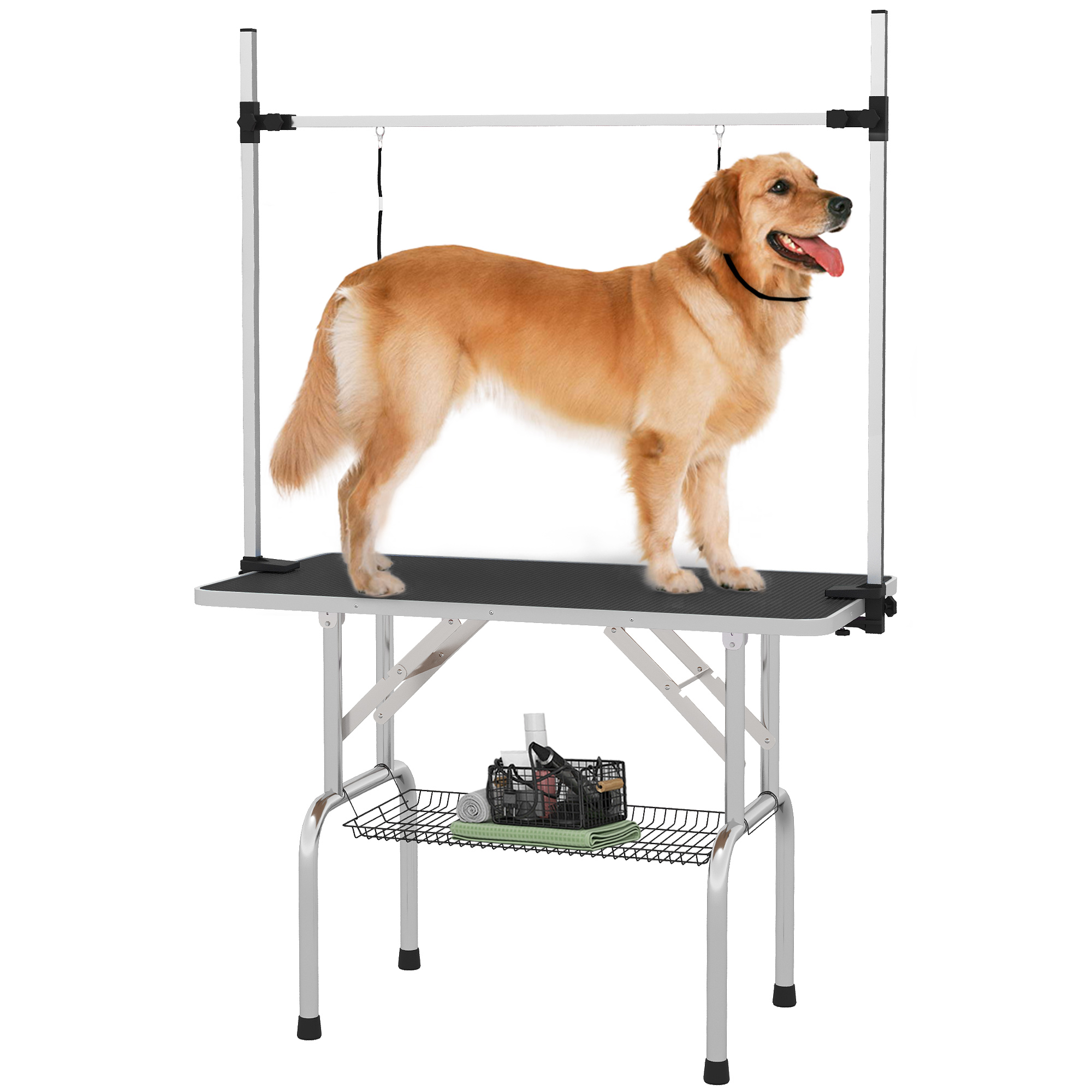 PawHut Mesa de Peluquería Canina Plegable con Estante de Almacenamiento Altura Ajustable 20-80 cm 107x60x170 cm Negro para Mascotas | Aosom España