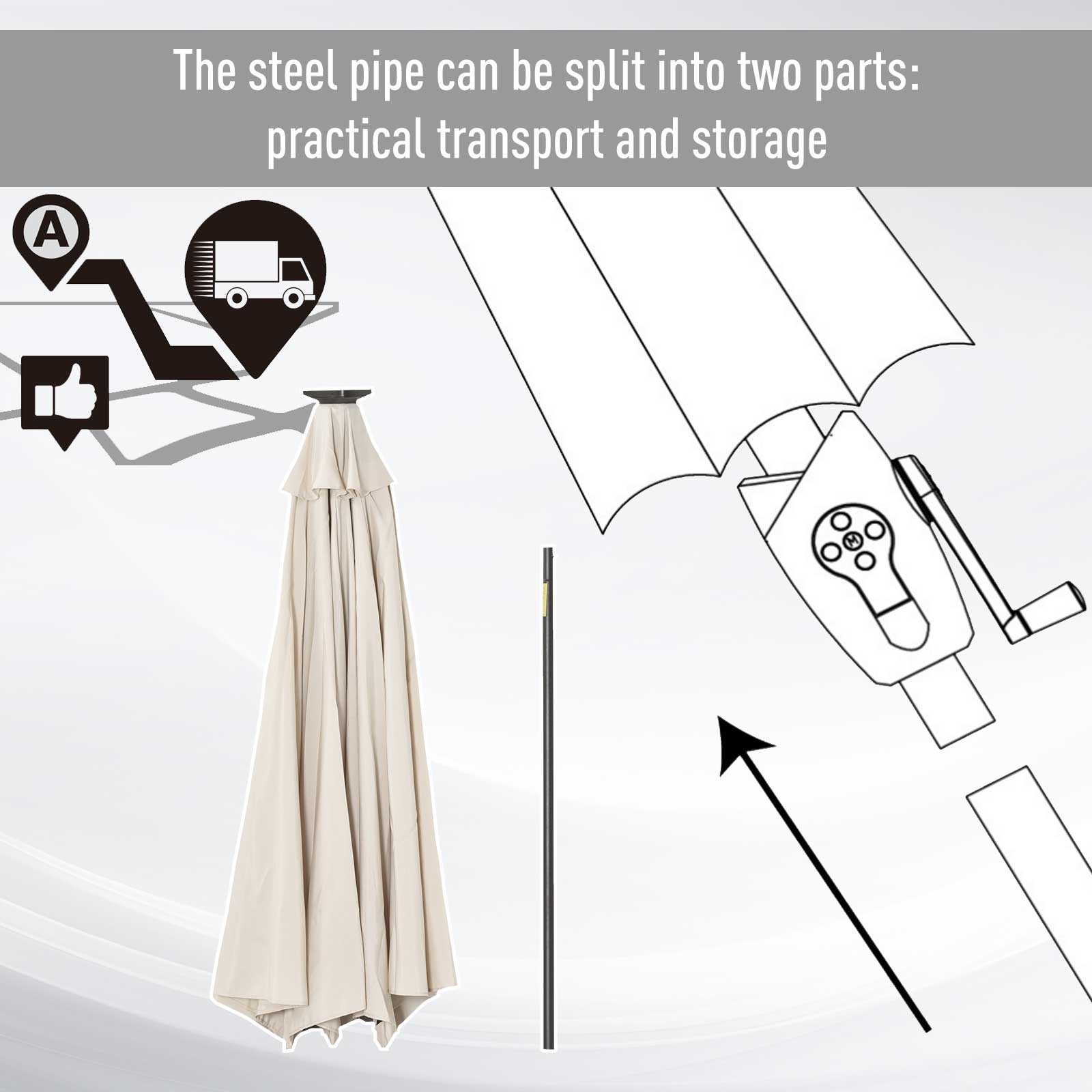 Outsunny Φ2.7m Garden 24 LED Light Parasol Solar Outdoor Tilt Sun Umbrella Patio Club Party Event Manual Sun Shade w/ Hand Crank and 8 Ribs, Off-white 5