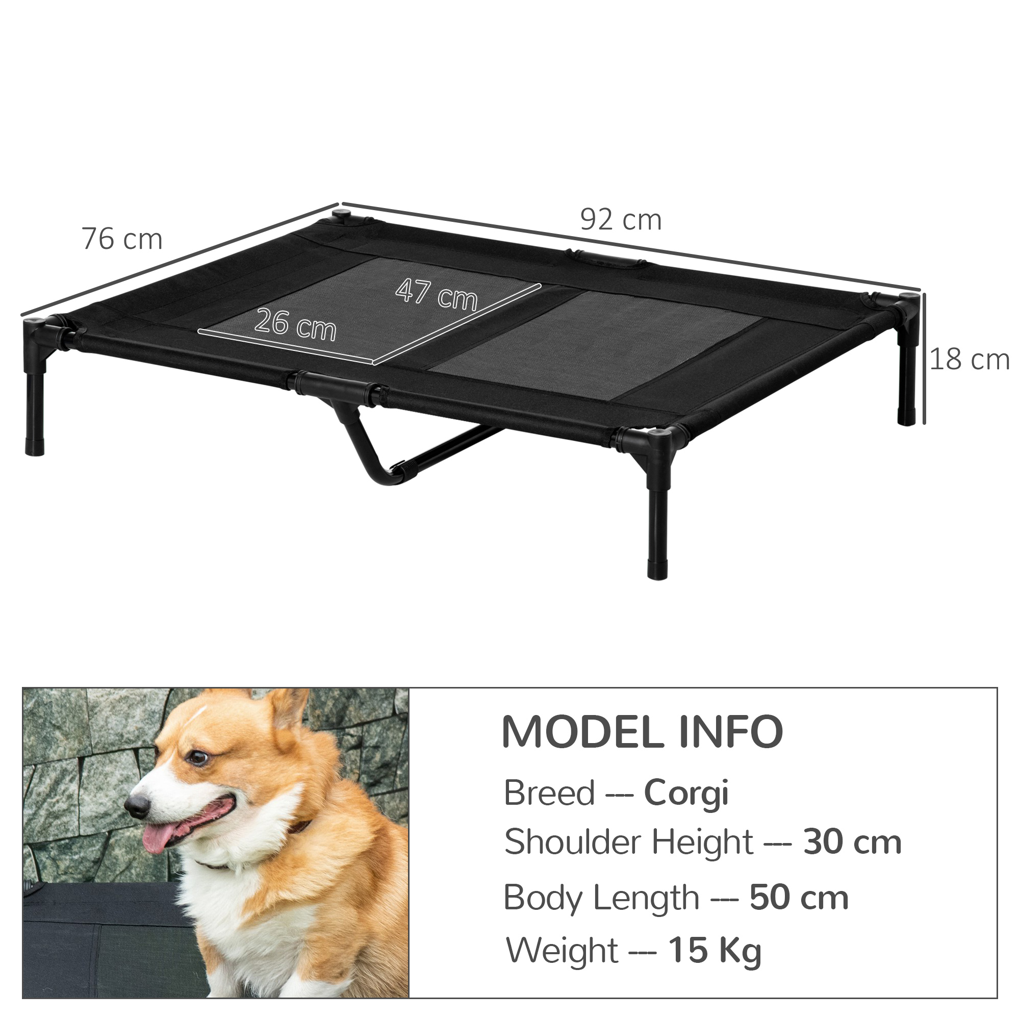 PawHut Large Raised Dog Bed Cat Elevated Lifted Cooling Portable Camping Basket Outdoor Indoor Mesh Pet Cot Metal Frame Black 3