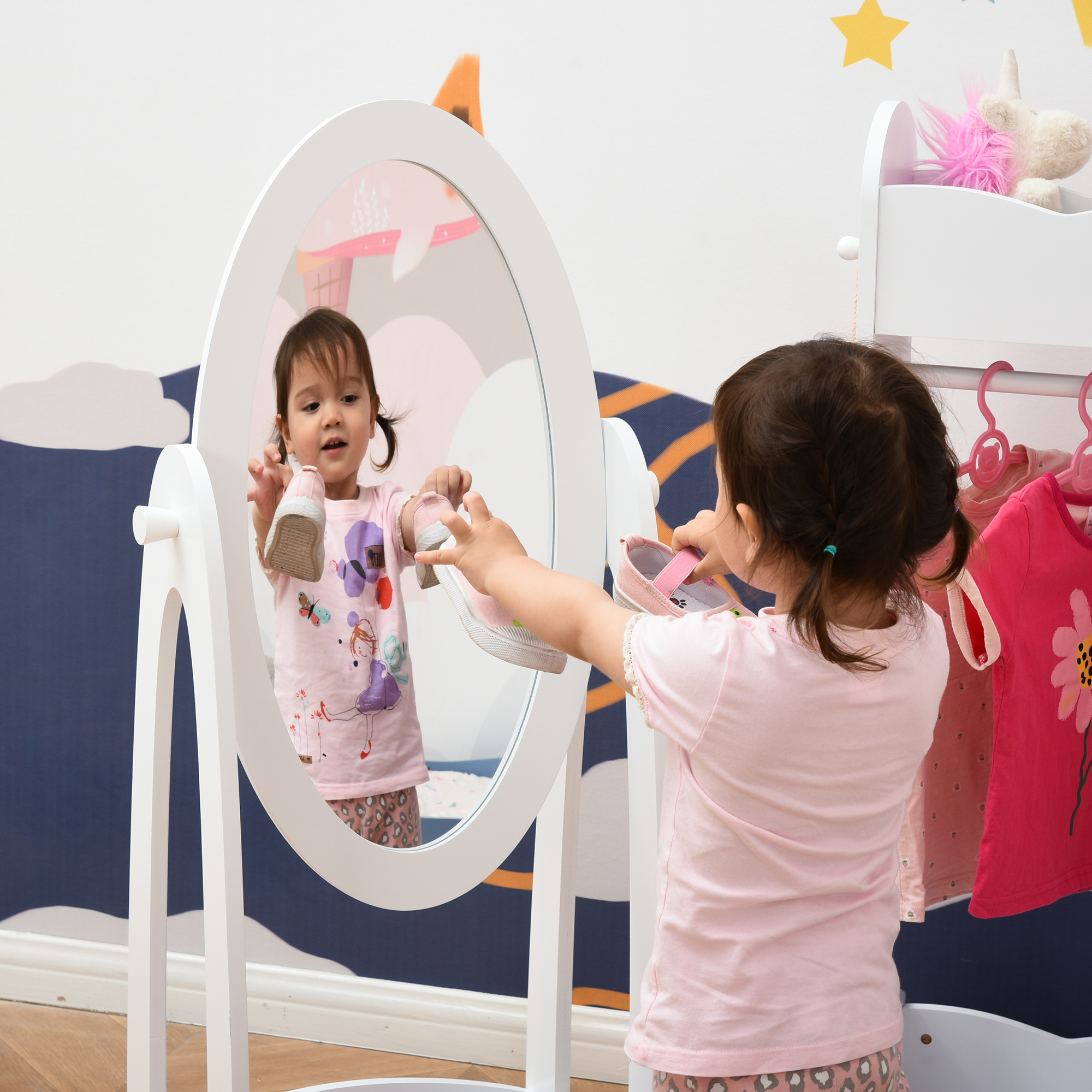 HOMCOM Kids Clothes Rail and Mirror Set 360° Rotation Free Standing Full Length Mirror and Hanging Rack with Storage Shelves Child's Dressing Mirror Garment Wardrobe White 9