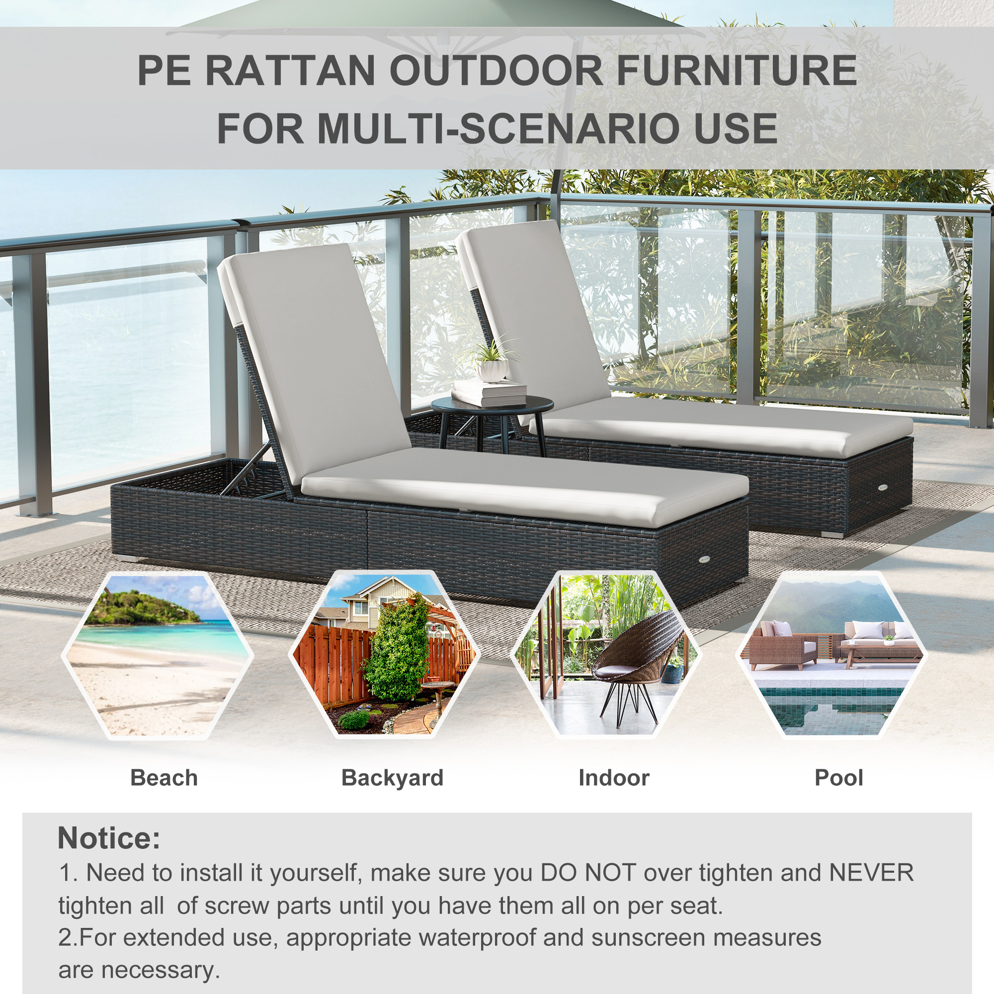 Outsunny Set of Two Rattan Sun Loungers, with Reclining Backs Brown/Cream 7