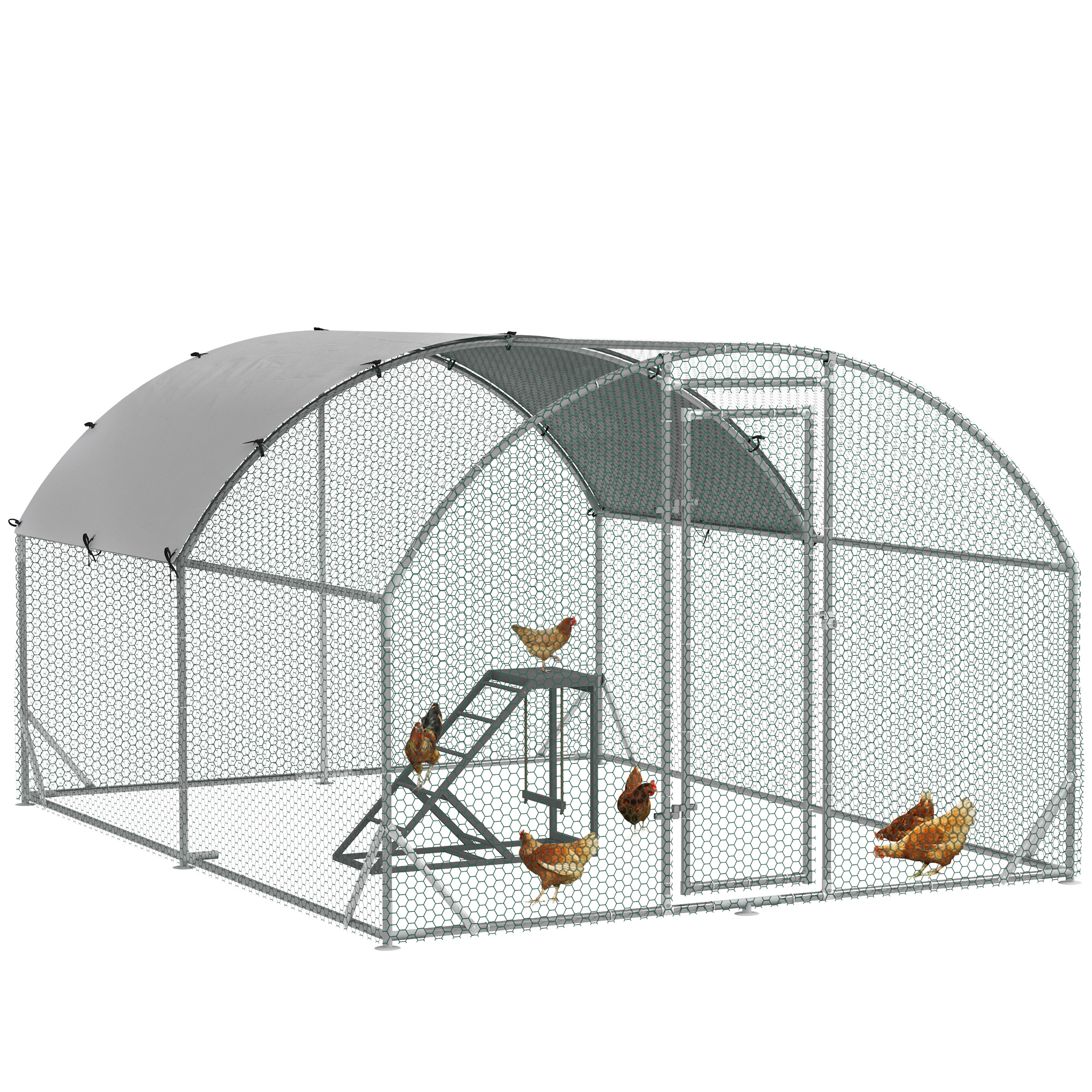 PawHut Walk-In Chicken Run, Metal Chicken Coop with Cover, Outdoor Hen Poultry House Cage with Chicken Activity Shelf, for Chickens, Rabbits, Ducks, 2.8 x 1.9 x 2m