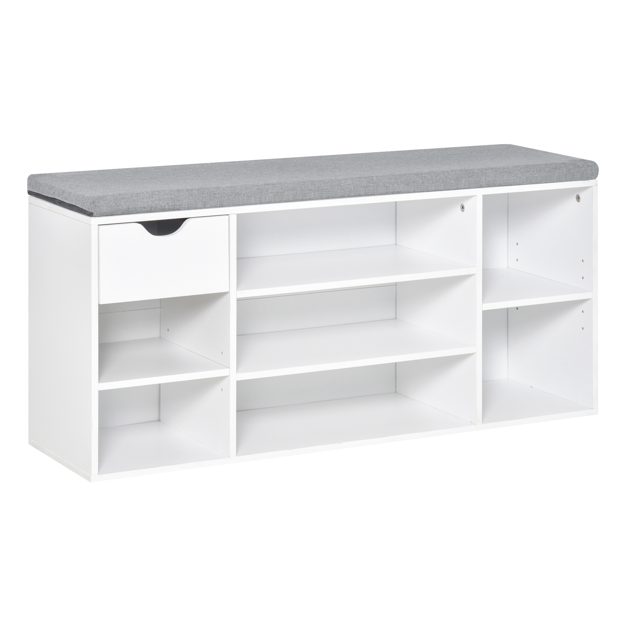 HOMCOM Shoe Storage Bench with Cushion, 7 Compartments, Adjustable Shelves, Drawer, White and Grey   Aosom UK