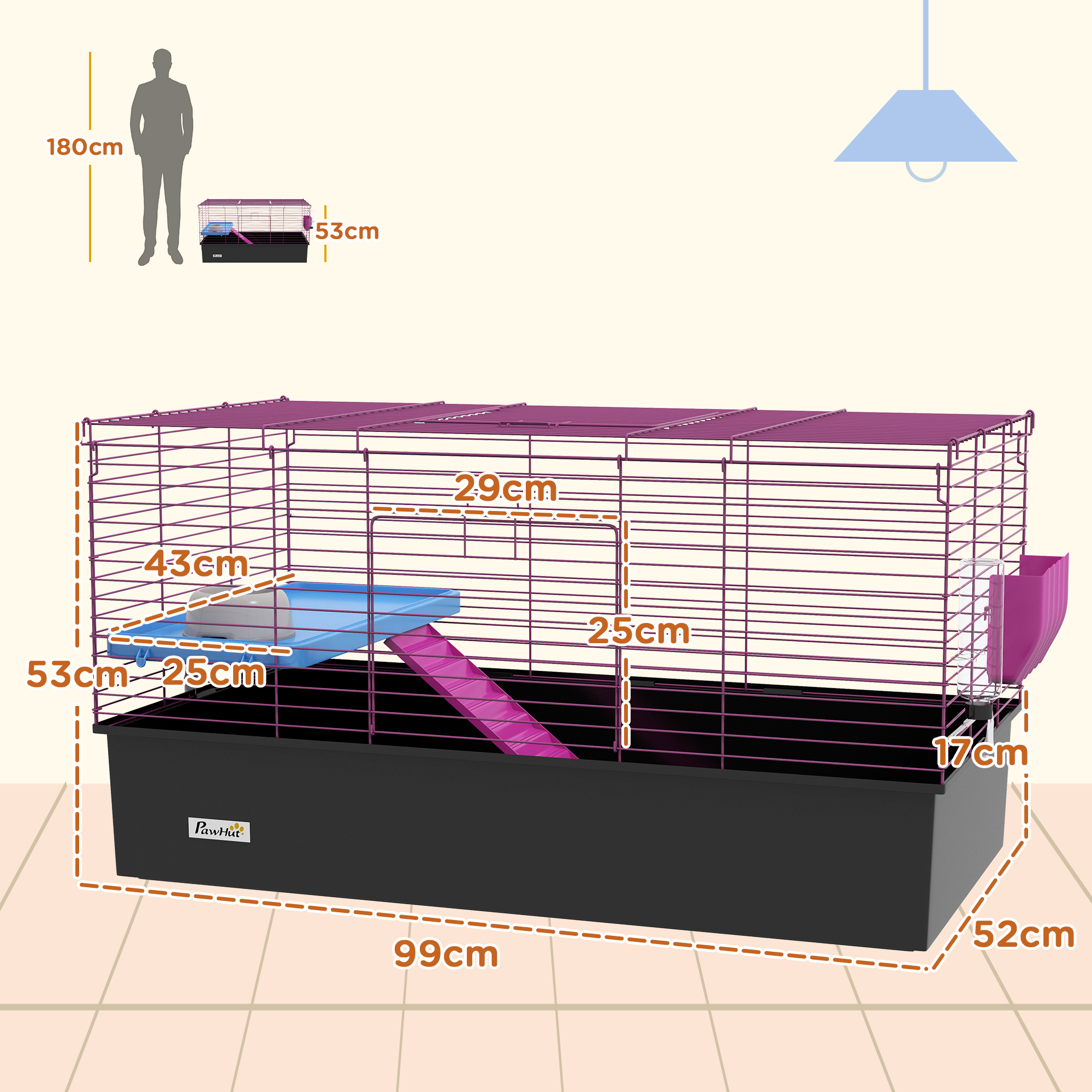 PawHut Chinchillas Small Rabbit Guinea Pig Small Animal Cage, Pet Playhouse, with Platform, Ramp, 99 x 52 x 53cm, Black 3