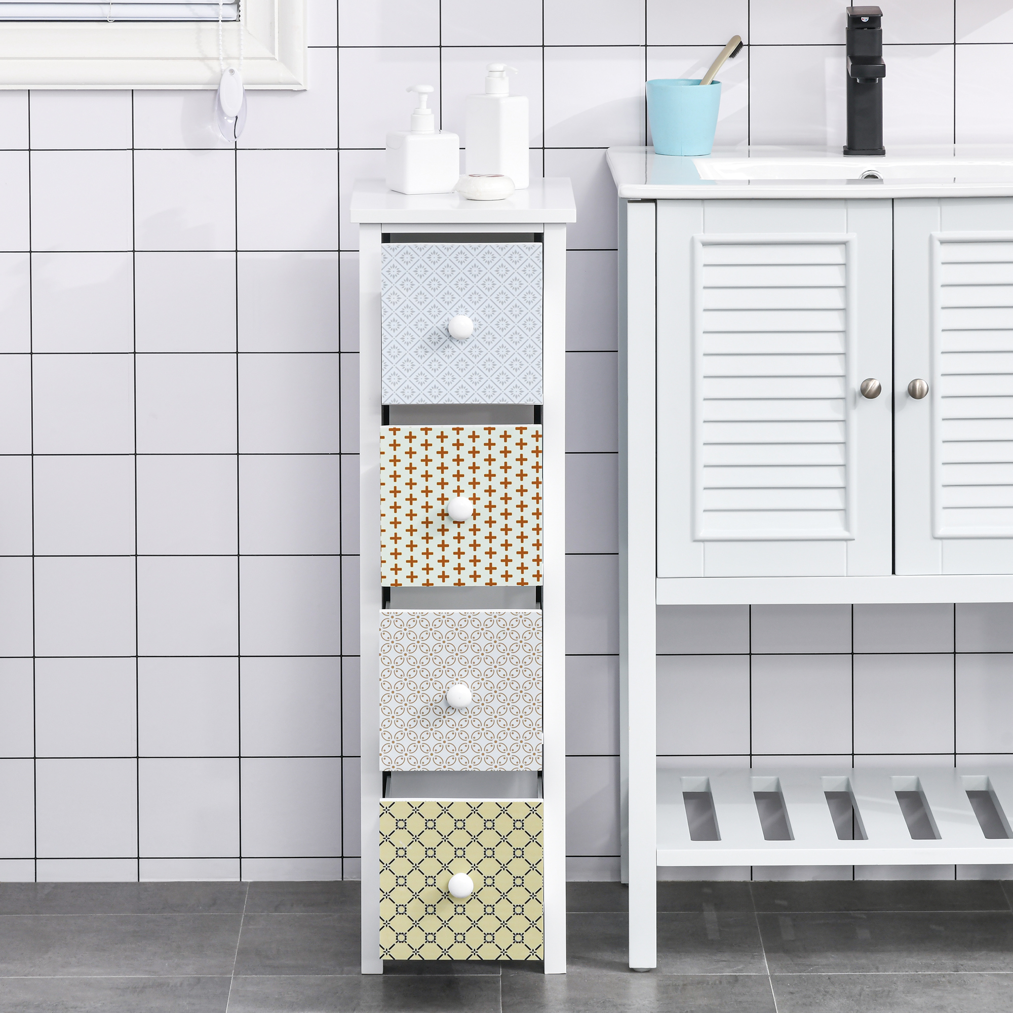 HOMCOM Chest of Drawers, 4 Drawer Dresser, Storage Organizer Toilet Tissue Cabinet for Bedroom, Bathroom 7