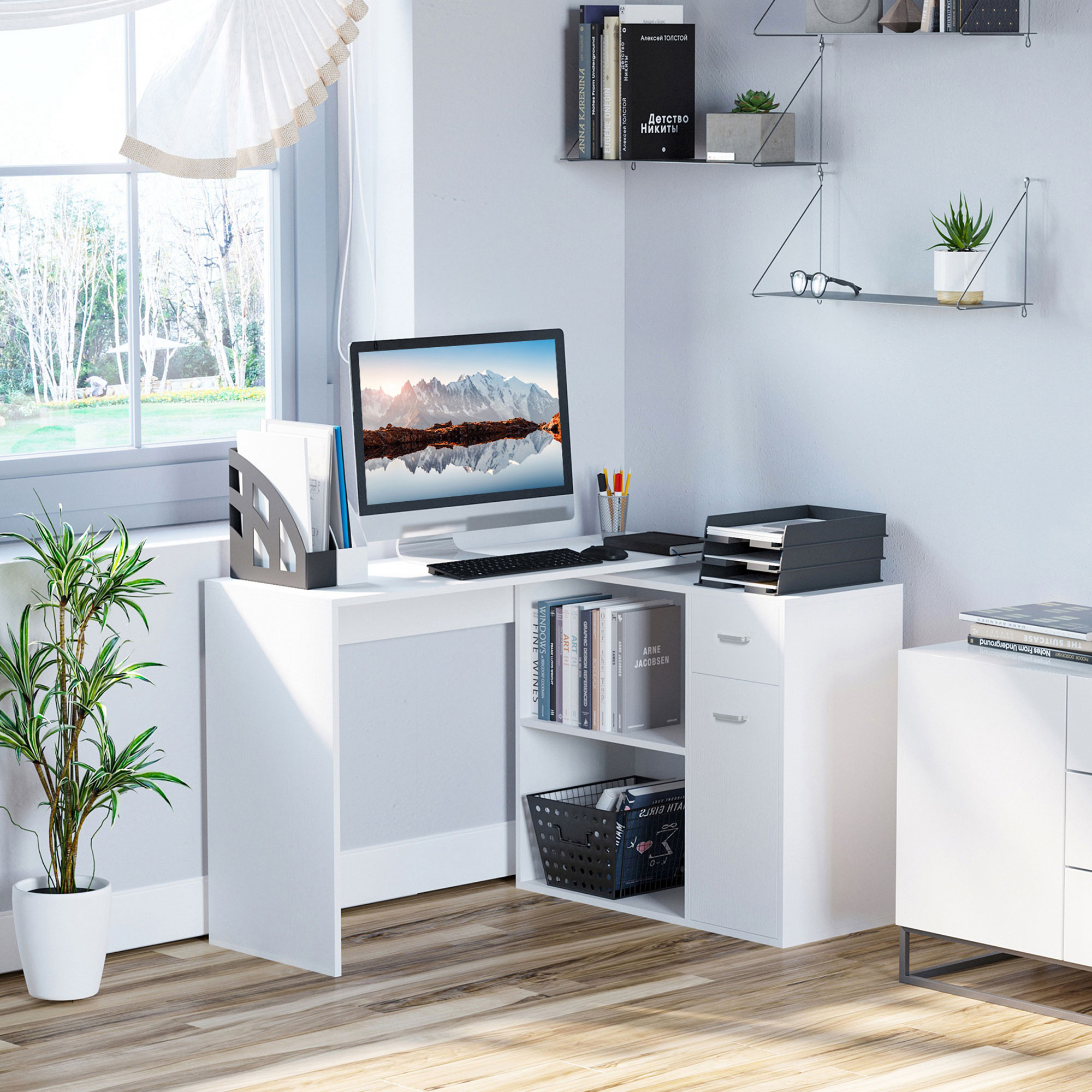 HOMCOM L-Shaped Desk, Corner Computer Desk, Adjustable Study Table with Storage Shelf, Drawer and Cabinet, Workstation for Home Office, White Wood Grain 2