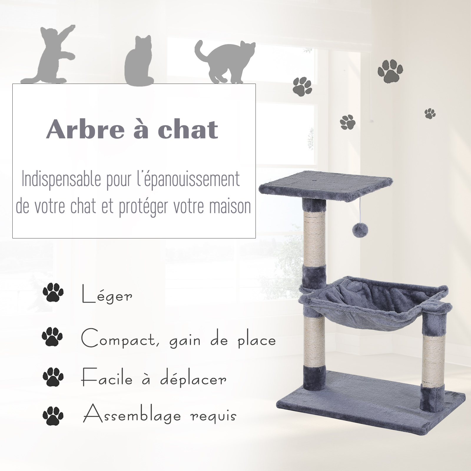 Arbre à Chat PawHut 177 Cm - 3 Plateformes, 2 Niches, 2 Hamacs | Griffoir Sisal, Stable, Pour Plusieurs Chats - 9