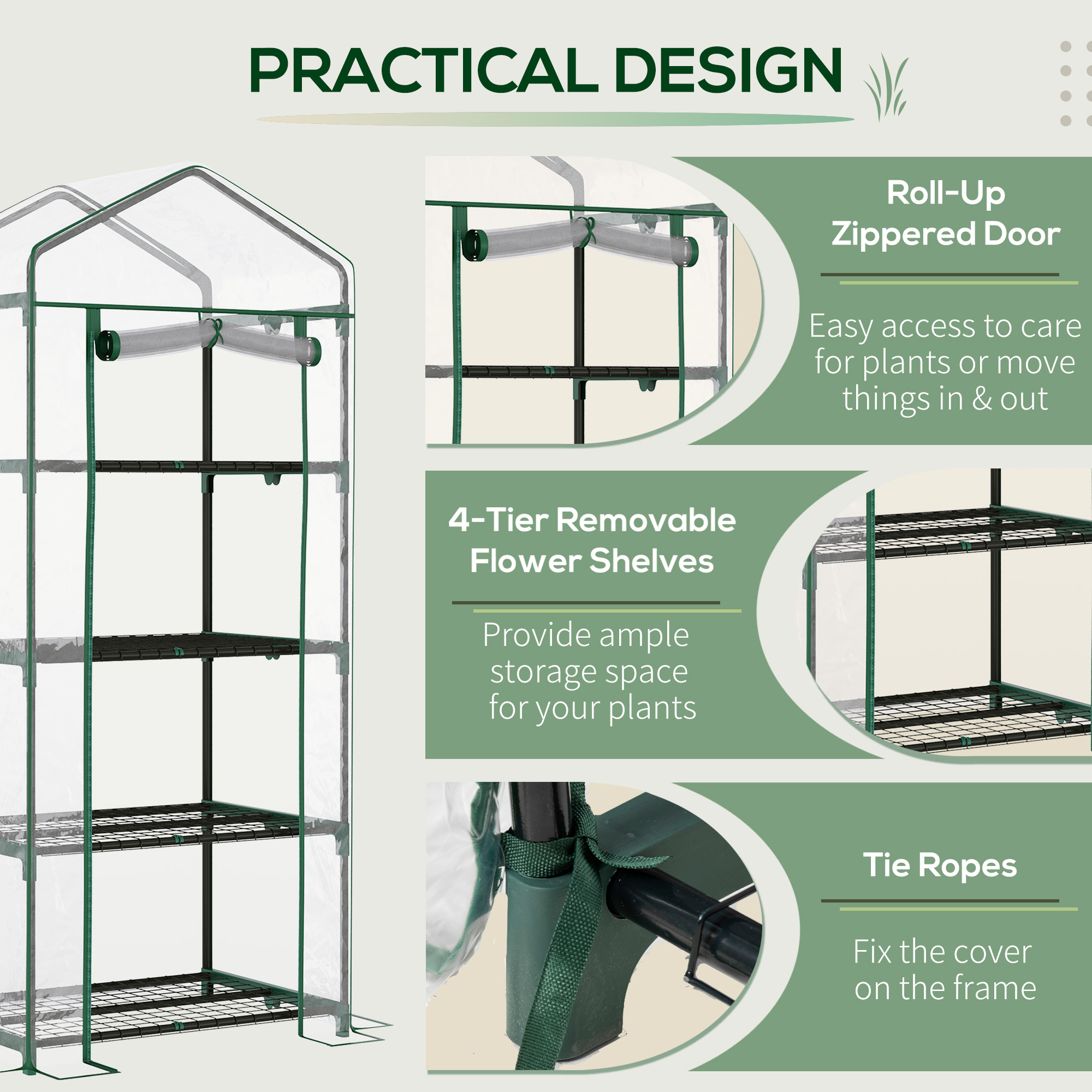 Outsunny 4 Tiers Mini Portable Greenhouse Compact Plant Grow Shed Metal Frame Transparent Clear Cover 160H x 70L x 50Wcm 6