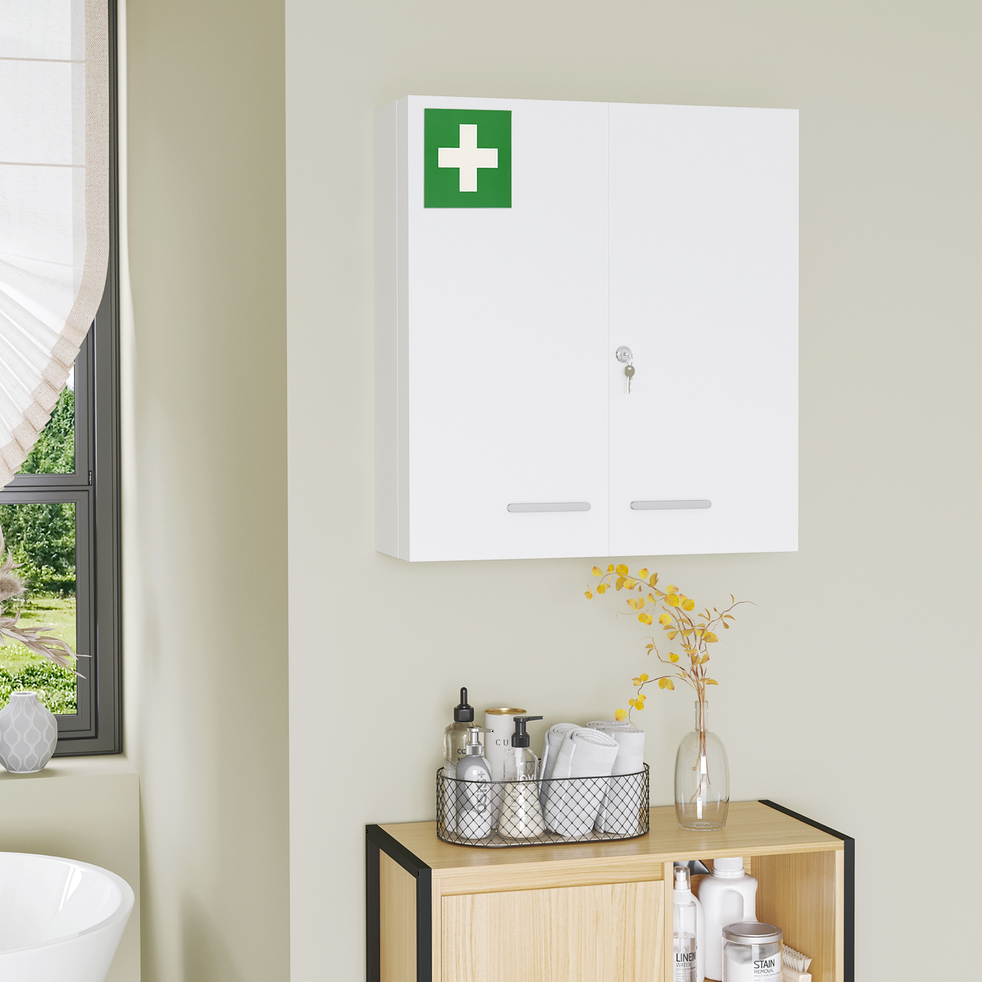 Ravimikapp, 6 sisemist sektsiooni, lukustatav, 2 ust, vastupidav terasest korpus, valge, 55 x 18 x 60 cm