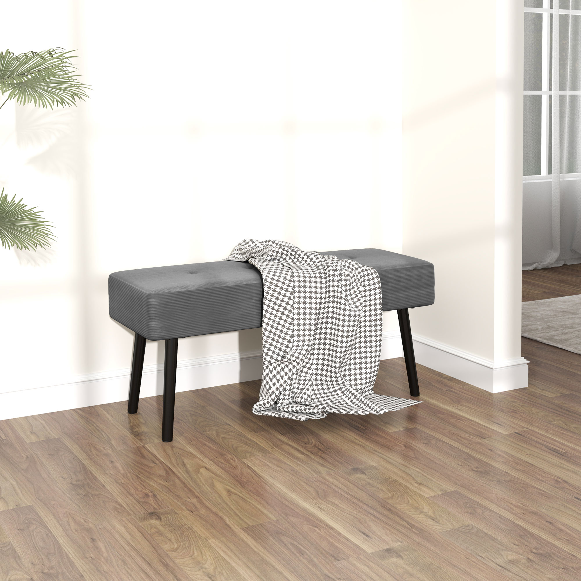 HOMCOM End of Bed Bench, Corduroy Bedroom Bench with Thick Padding and Steel Legs, Tufted Window Seat for Entryway, Living Room, Grey 7