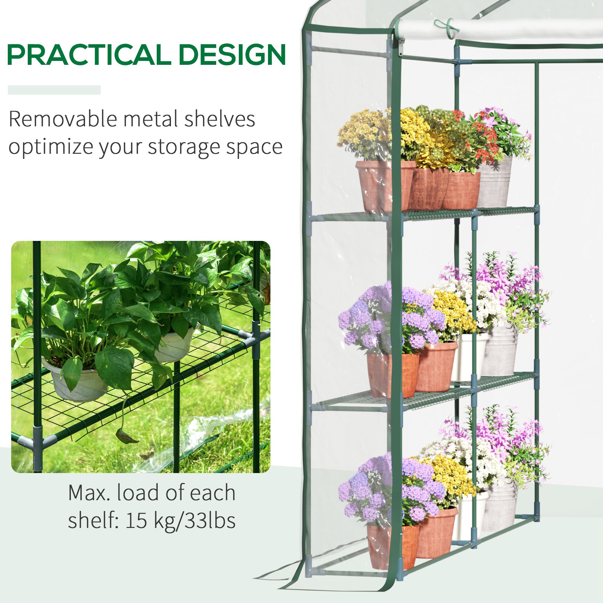 Outsunny Walk in Greenhouse with 3-Tier 8 Shelves, Green House with Hemmed Cover, Roll-up Zipped Door, Steel Frame, 143 x 143 x 195cm 7
