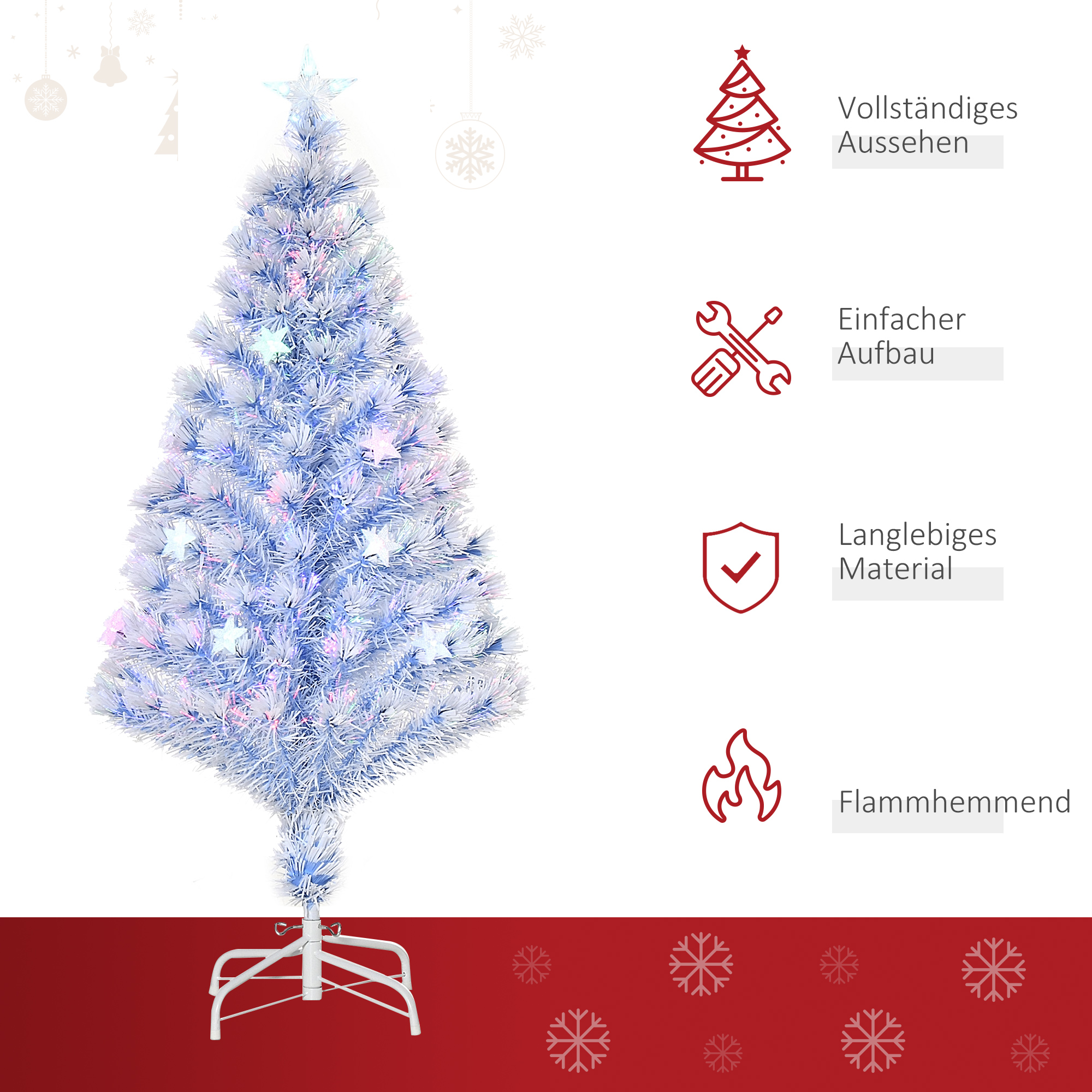 Kunstlik jõulupuu 120 cm, kunstlik jõulupuu fiiberoptika ja LED-valgustusega, 130 otsa, koos terasest alusega siseruumides kasutamiseks, valge+sinine