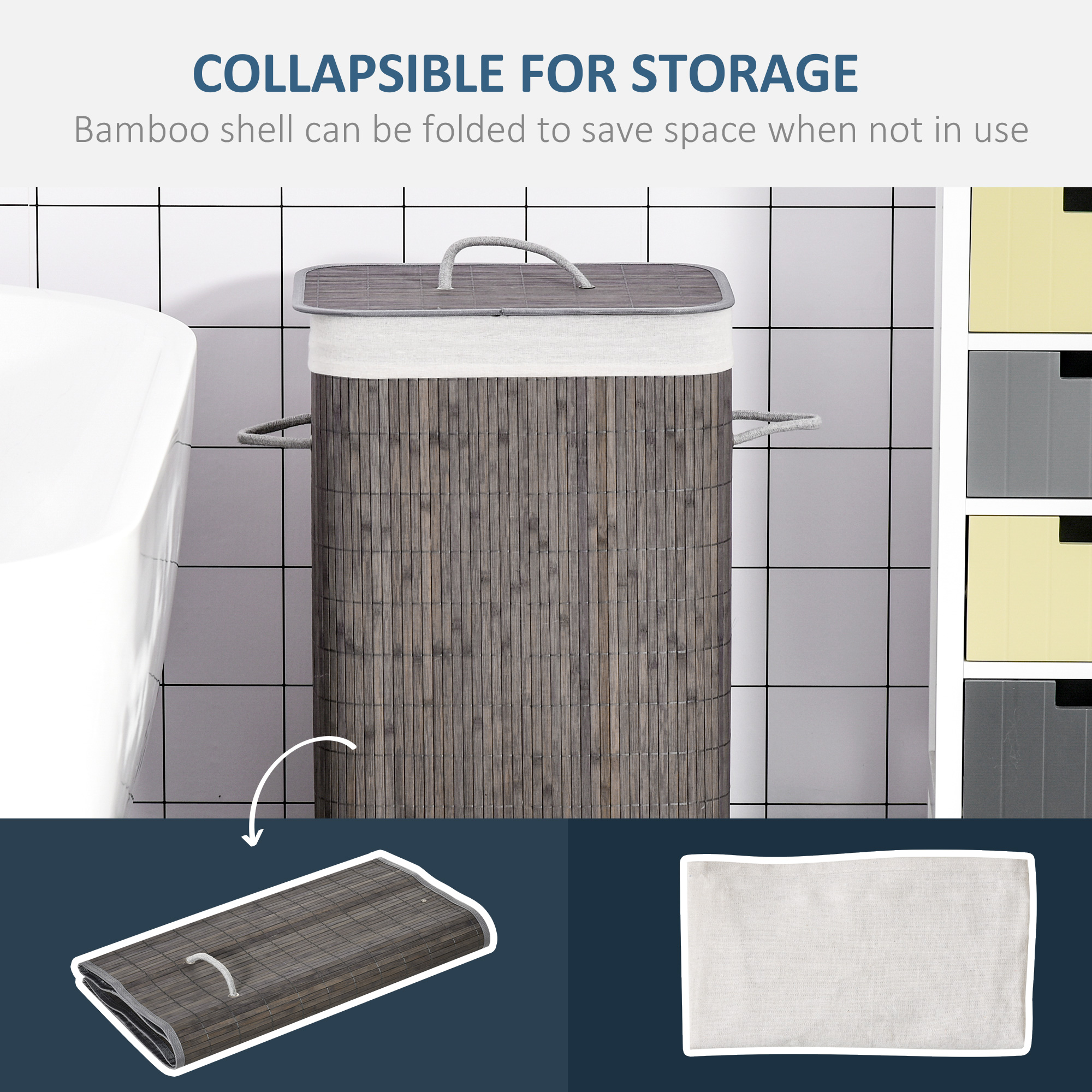 HOMCOM Laundry Basket with Flip Lid and String Handles, Collapsible Hamper Removable Lining Board Base Foldable Water-Resistant Dirty Clothes Storage, Grey 4