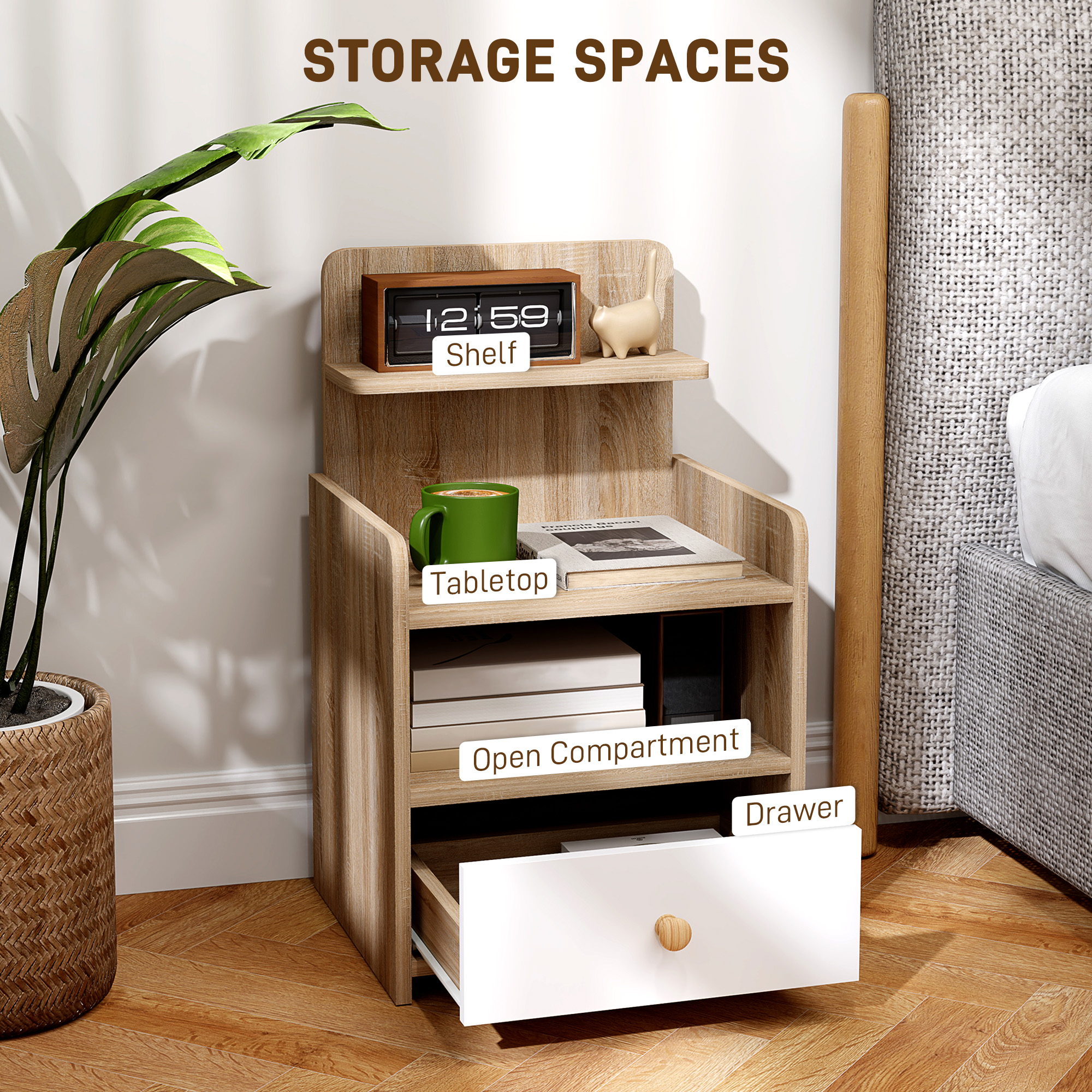 HOMCOM Multi-Storage Bedside Table White/Wood-Effect 4