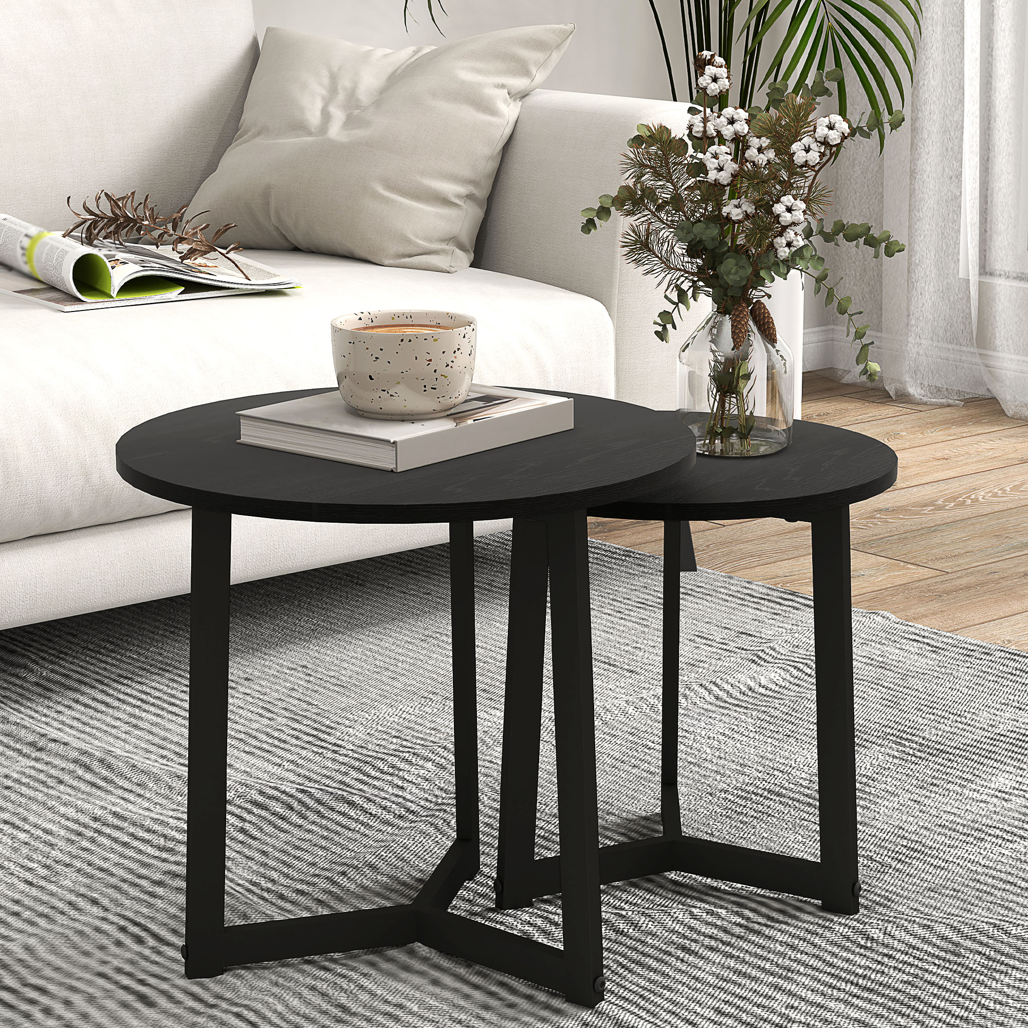 Moodne kohvilaudade komplekt (2 tk), metallraam, MDF, ümar disain, virnastatav, must