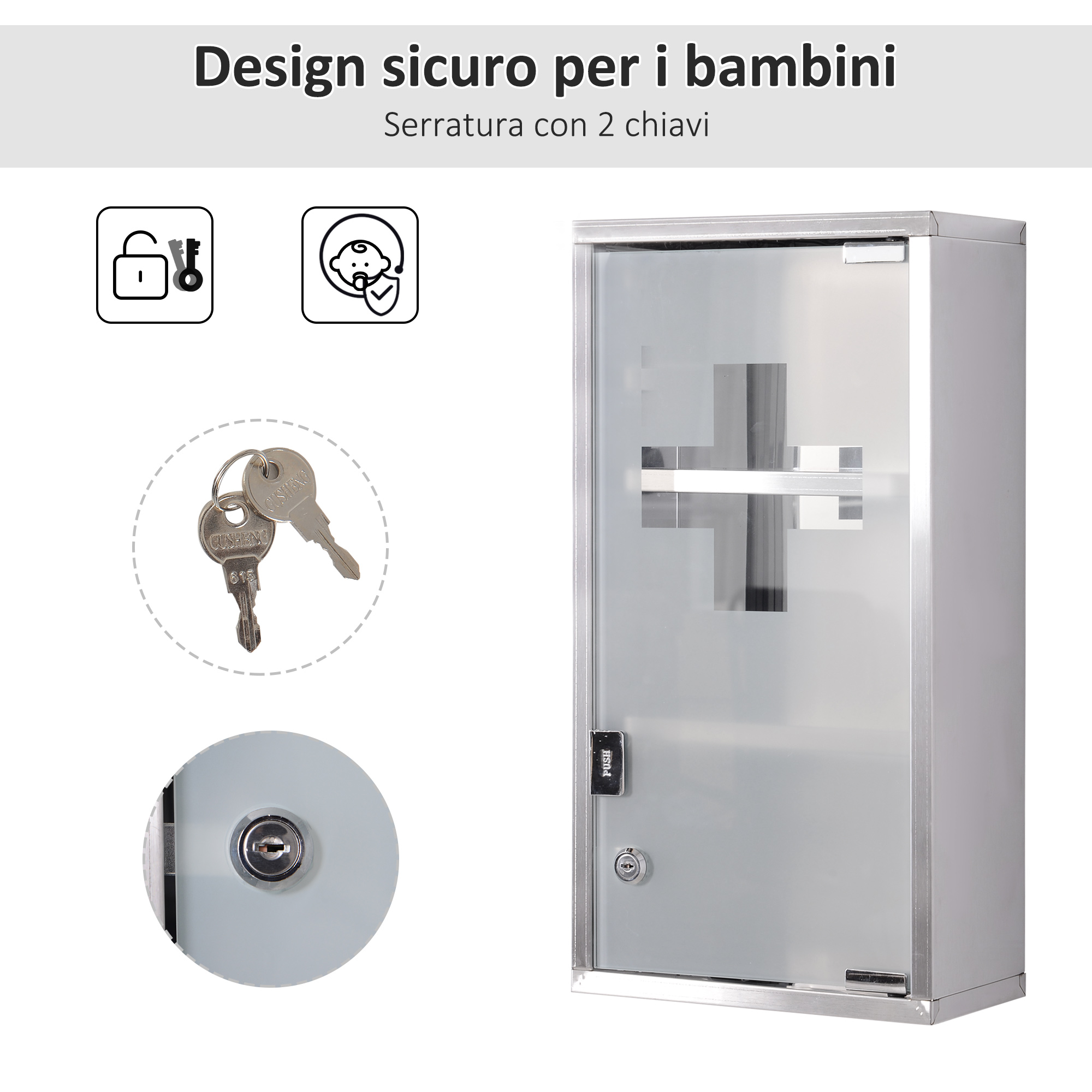 Armadietto Portamedicinale In Metallo Con 3 Ripiani E Porta In Vetro - 48x25 Cm - Acciaio Inox Con Serratura E 2 Chiavi - Incluso Sistema Tip-On