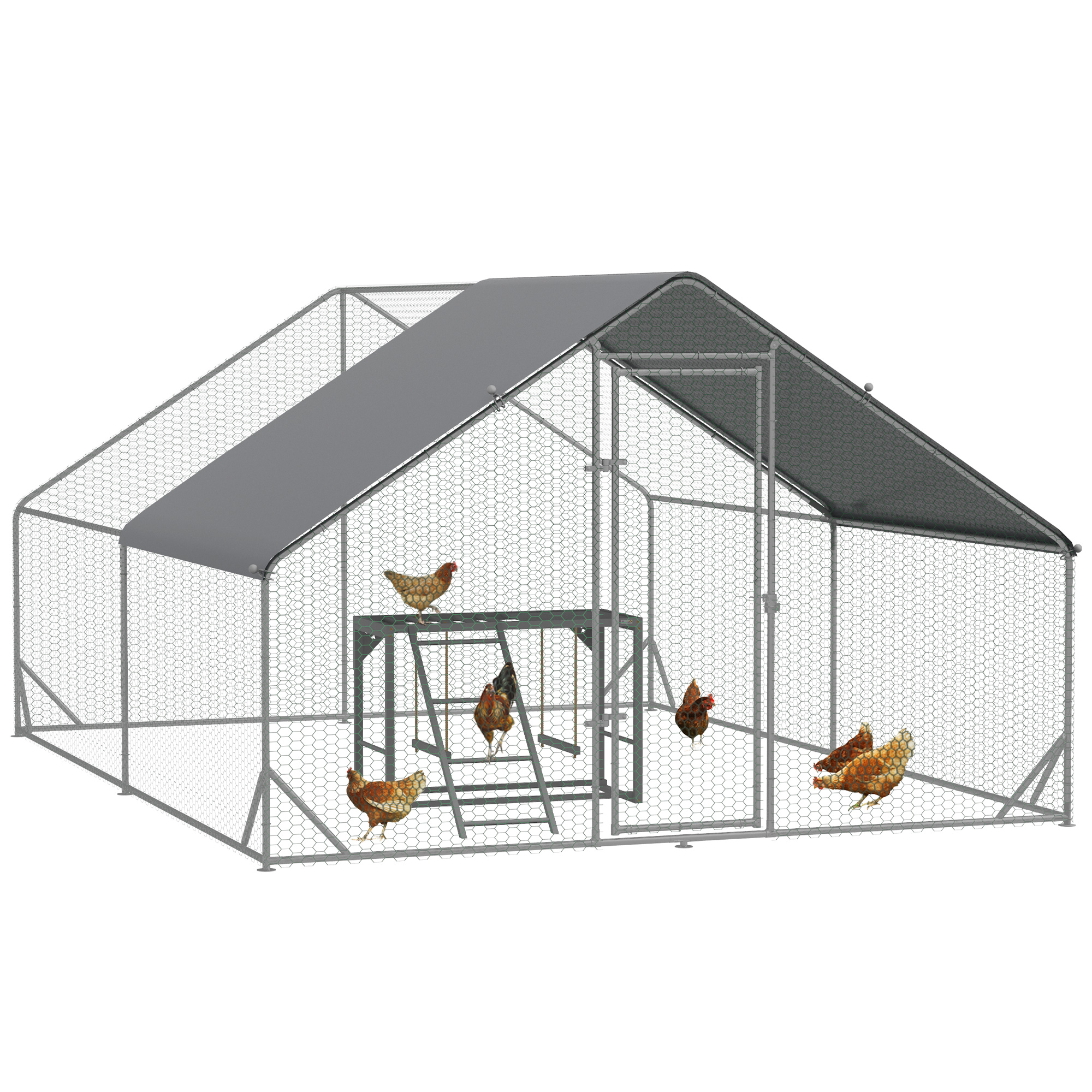 PawHut Walk-in Galvanised Steel Chicken Run with Chicken Activity Shelf and Cover, 3 x 6 x 2m