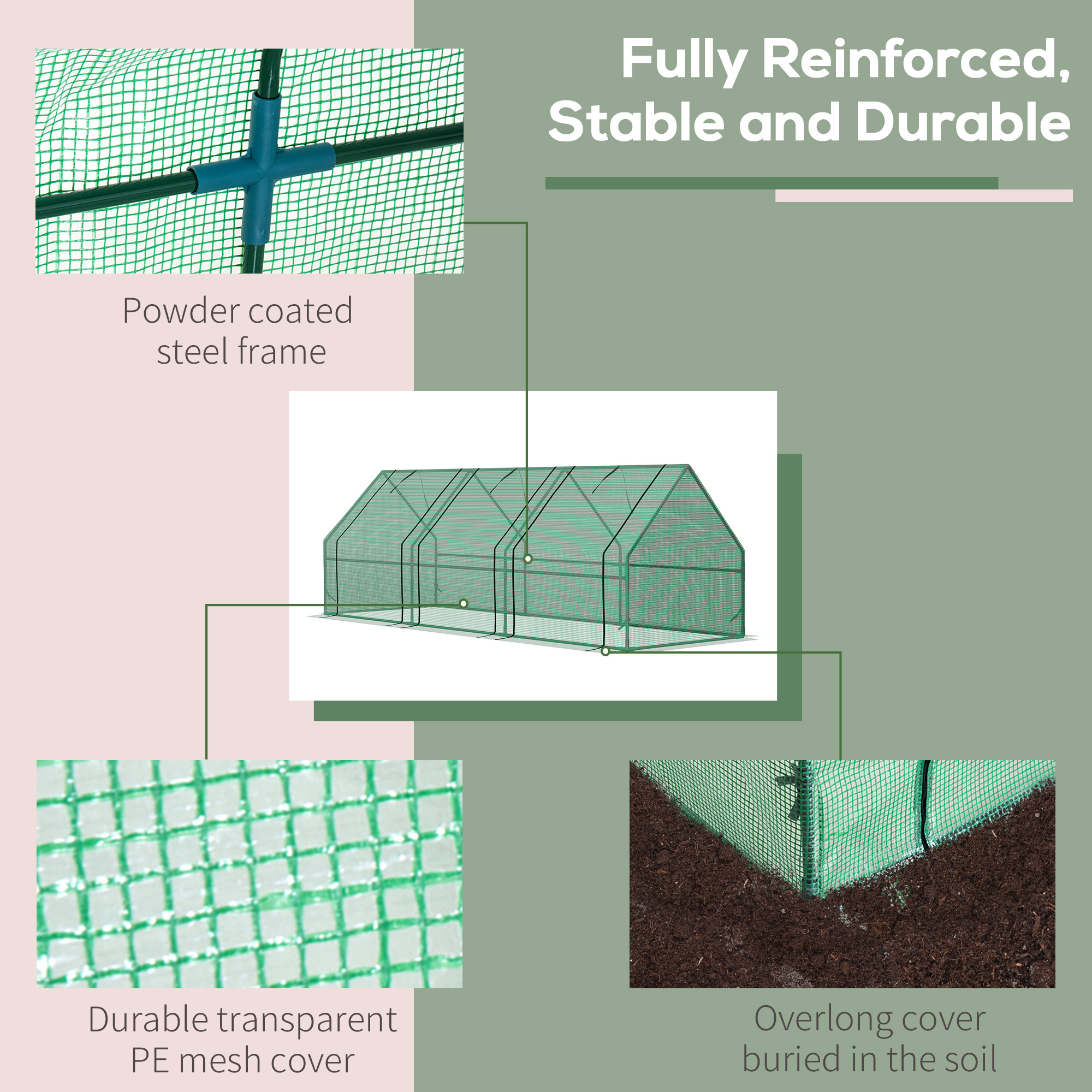 Outsunny Mini Small Greenhouse with Steel Frame & PE Cover & Zipped Window Poly tunnel Steeple for Plants Vegetables, 270 x 90 x 90 cm, Green 5