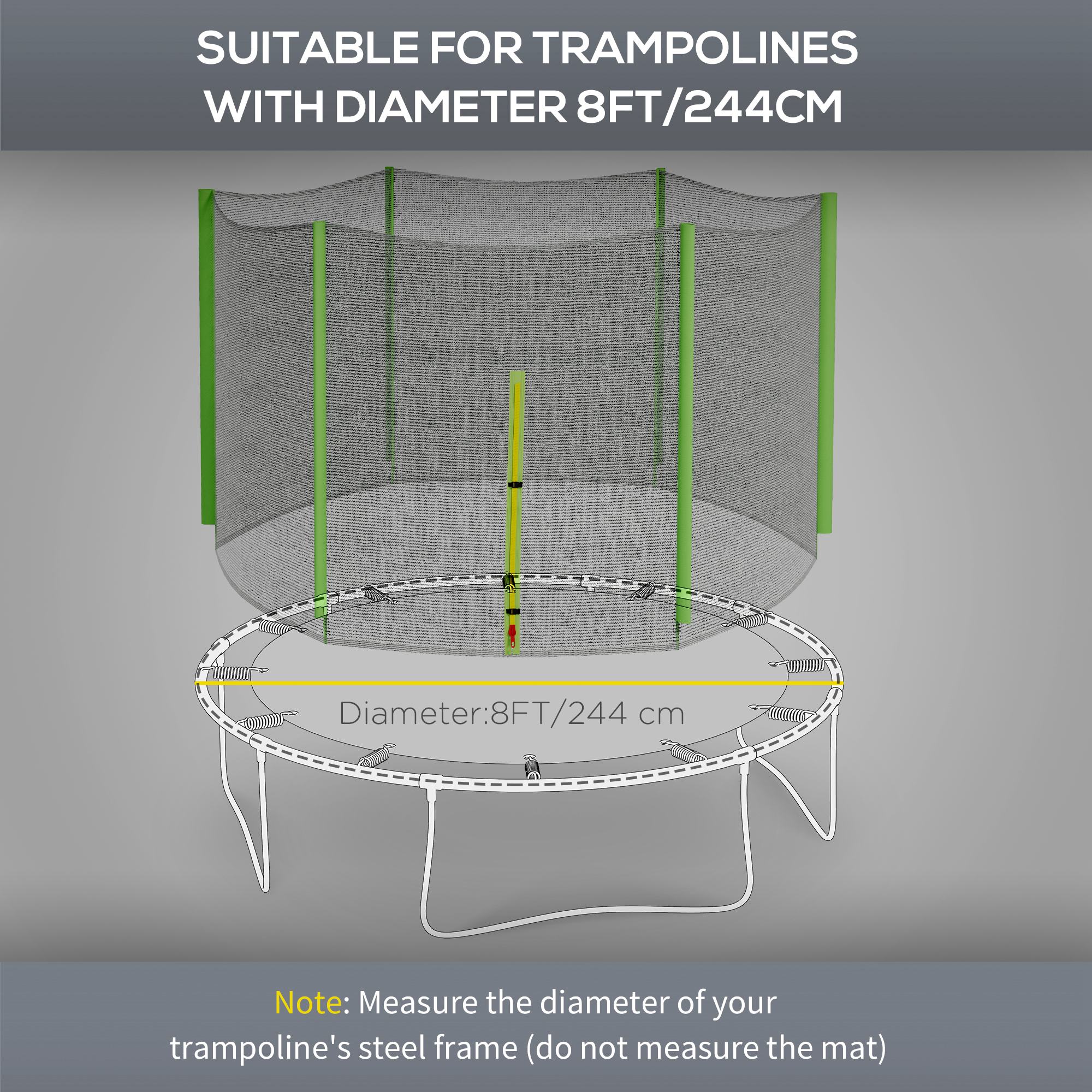 SPORTNOW 8ft Trampoline Net Replacement with 6 Plastic Pole Covers, Weather-Resistant Trampoline Netting Replacement with Zipped Entrance, Poles Not Included, Green 4