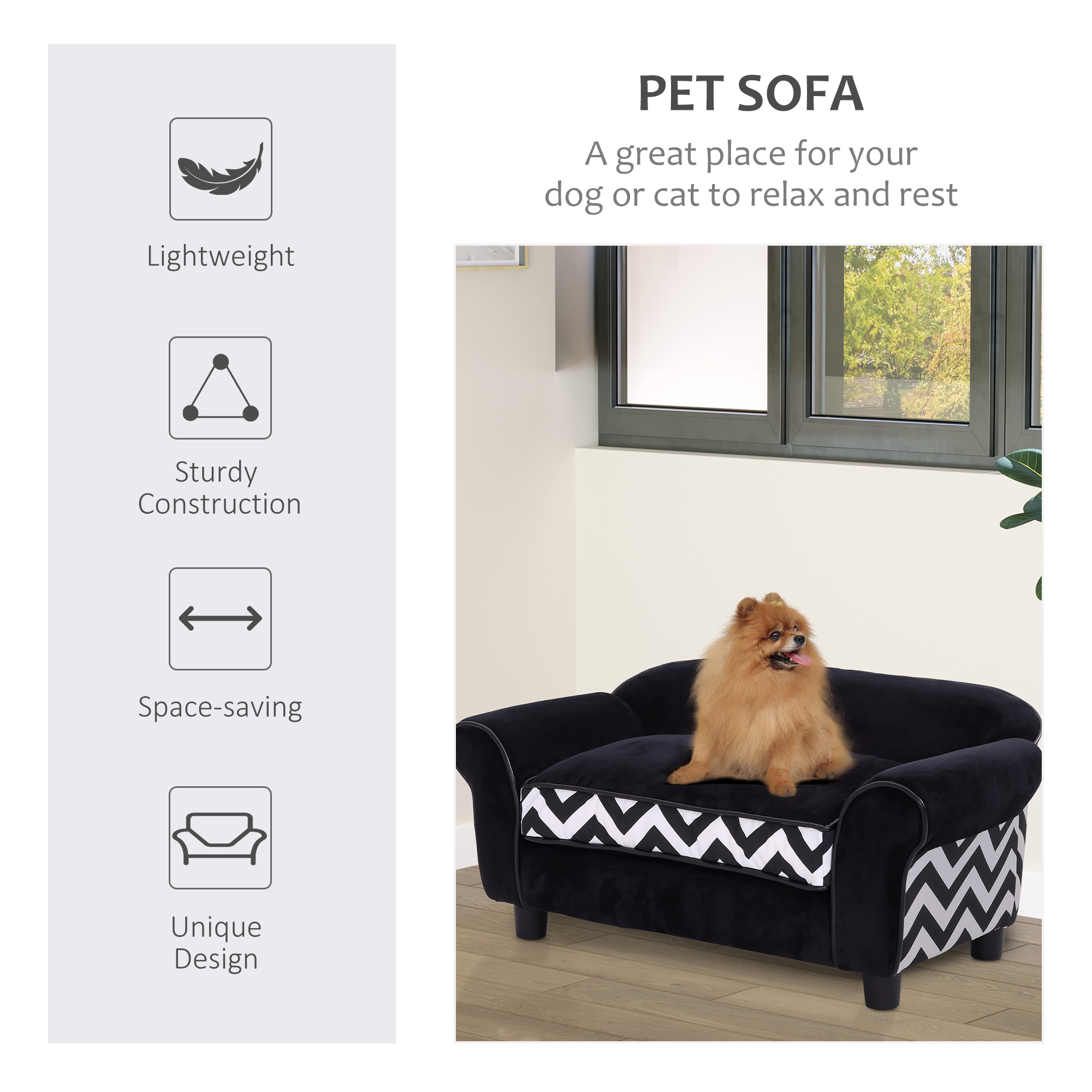 PawHut Dog Sofa Bed for XS-Sized Dogs, Cat Sofa with Soft Cushion, Pet Chair Lounge with Washable Cover, Removable Legs, Wooden Frame Black 4