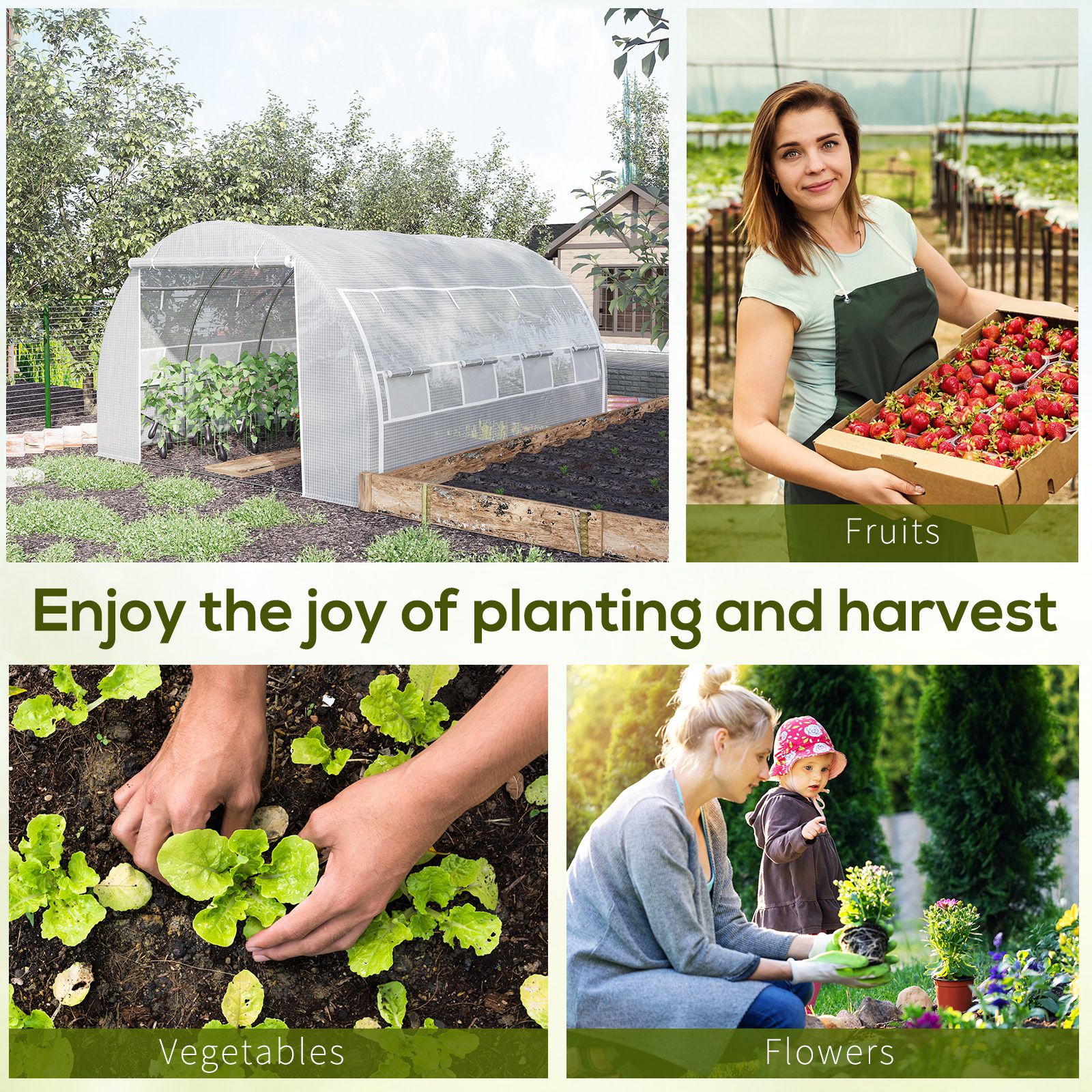 Outsunny 4 x 3 x 2 m Polytunnel Greenhouse with Roll-up Side Walls, Walk-in Grow House Tent with Steel Frame, Reinforced Cover, Zipped Door and 12 Mesh Windows for Garden, White 7