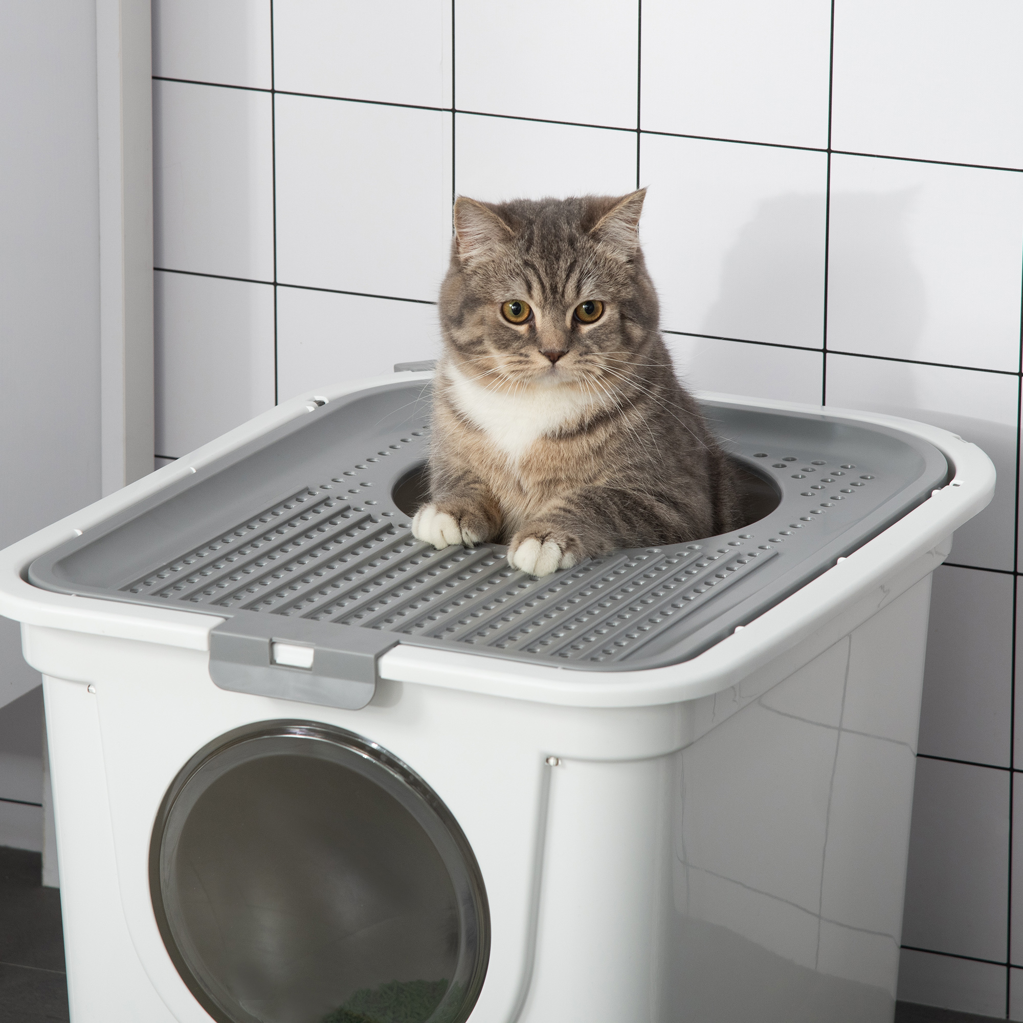 PawHut Cat Litter Box, Pet Toilet, Enclosed Kitten Pan with Front Entrance Top Exit, High Side, Scoop, White 8