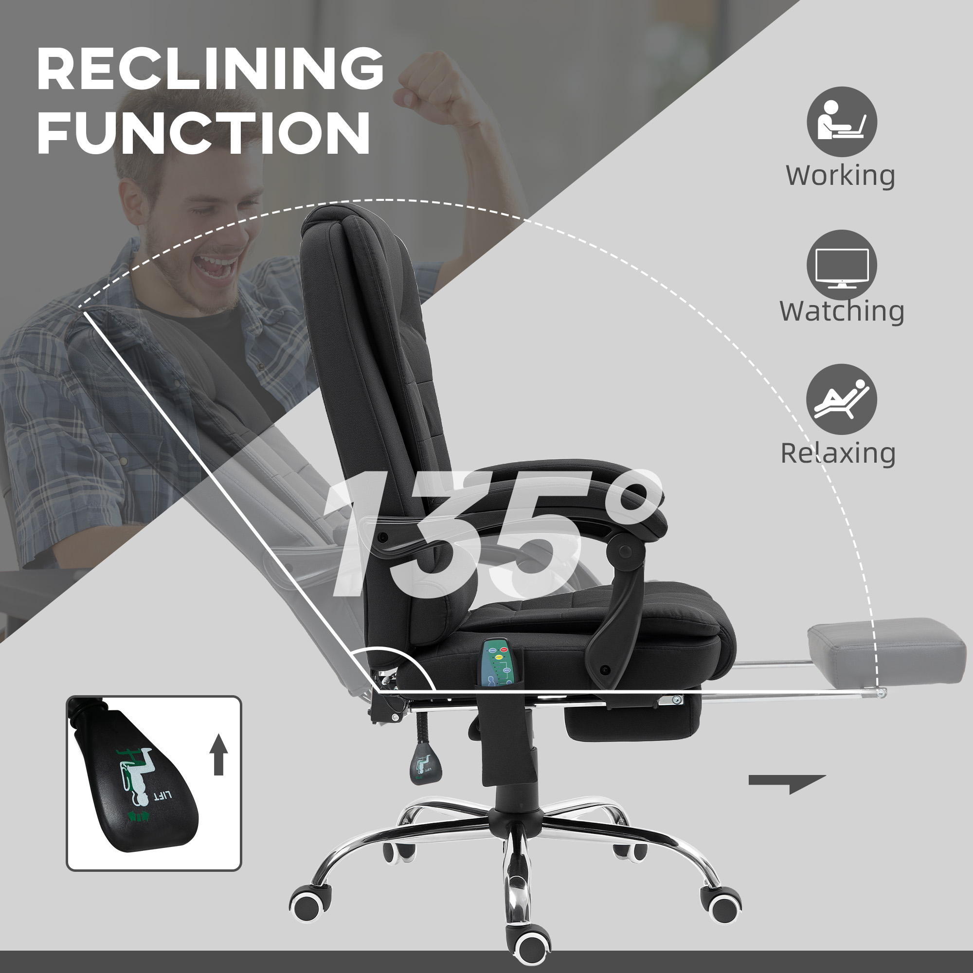Vinsetto Office Chair with 6 Point Massage and Back Heat, Microfibre Desk Chair with Footrest Adjustable Height and Swivel Wheels, Back Reclining, Full Black 5