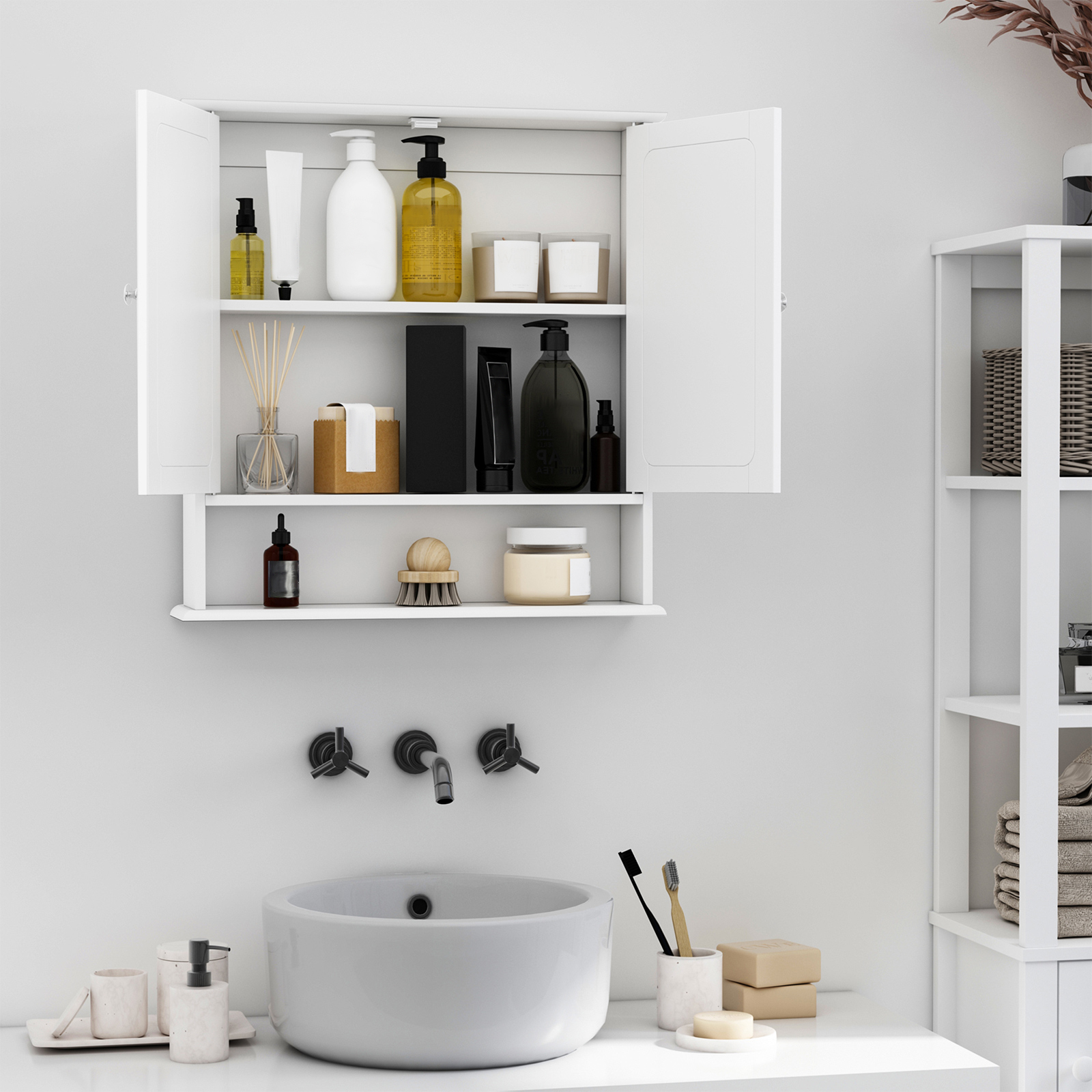 kleankin Wall-mounted Bathroom Cabinet Mirror Door Organiser Storage Shelves Living Room White 4