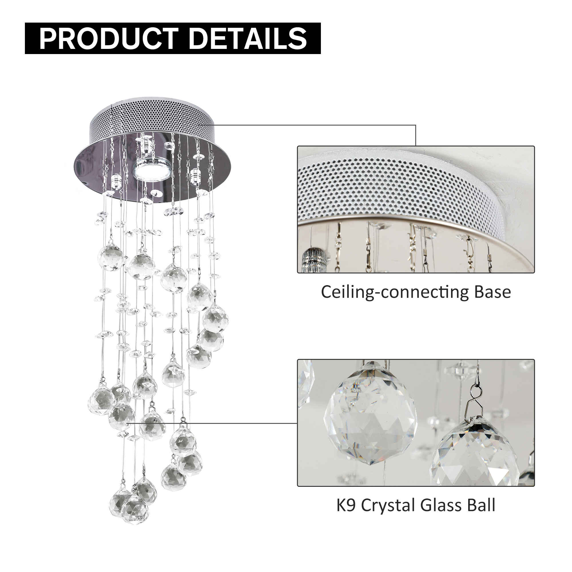 HOMCOM Metal Crystal Ceiling Light Chandelier Elegant Pendant Lamp Living Room Stairway Stairway Spiral Rain Drop Pendant Lamp Silver 6