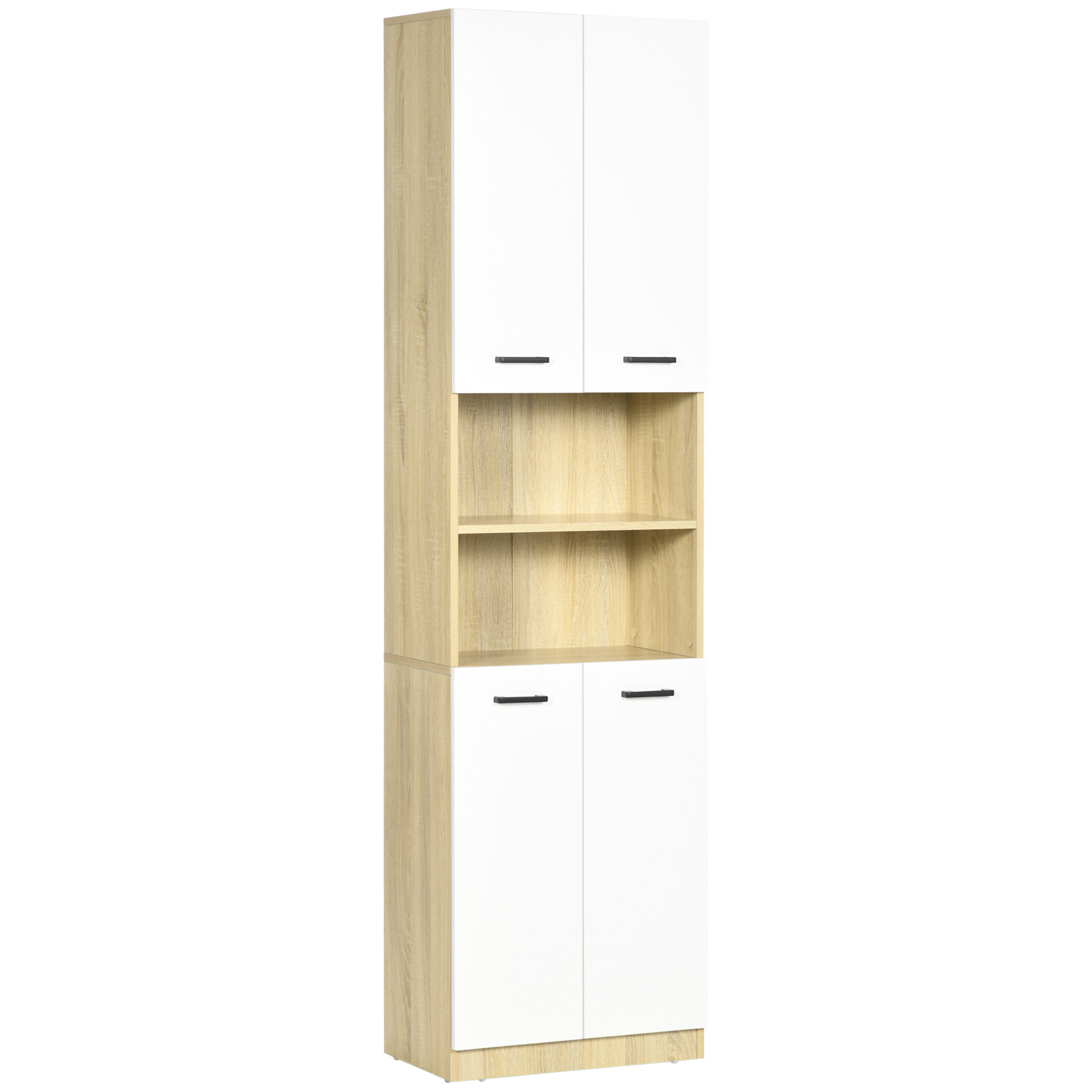 kleankin Armario Alto de Baño con 4 Puertas 2 Estantes Abiertos y Estantes Ajustables 53x33,5x195,7 cm Blanco y Roble