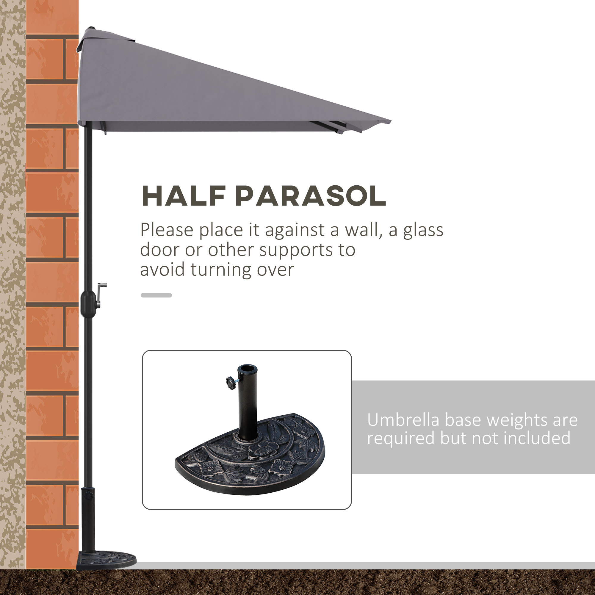 Outsunny Balcony Half Parasol Semi Round Umbrella Patio Crank Handle (2.3 m, Grey)- NO BASE INCLUDED 4