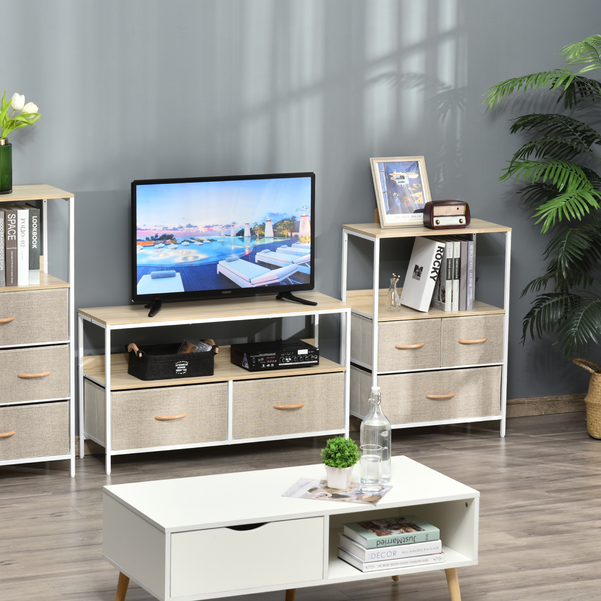 HOMCOM 3 Drawer Storage Chest Unit Home Cabinet w/ Shelves Home Living Room Bedroom Entryway Living Furniture, Light Grey 2