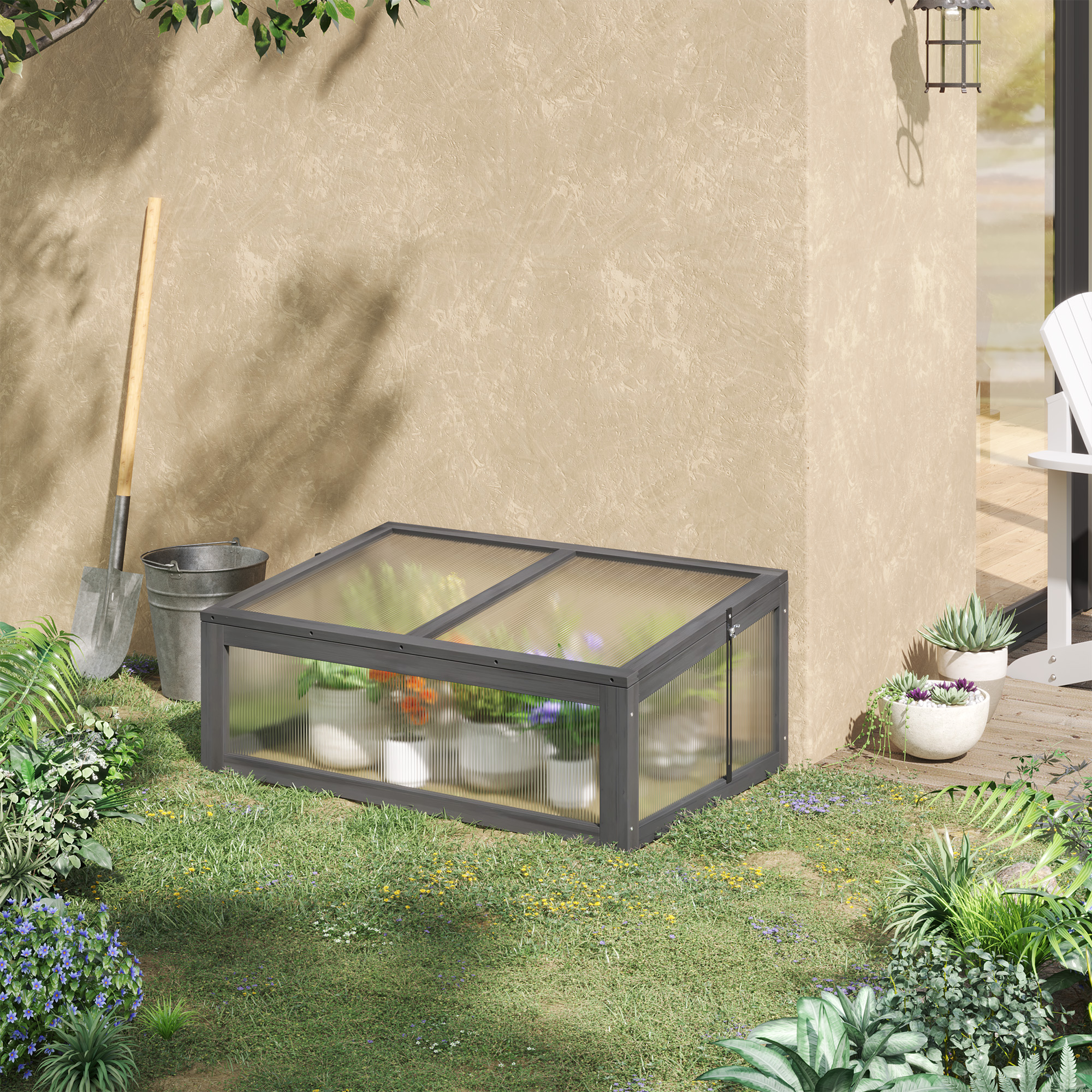 Outsunny Wooden Cold Frame, Small Polycarbonate Greenhouse for Plants with Openable & Tilted Top Cover, Grey, 100 x 65 x 40cm 2