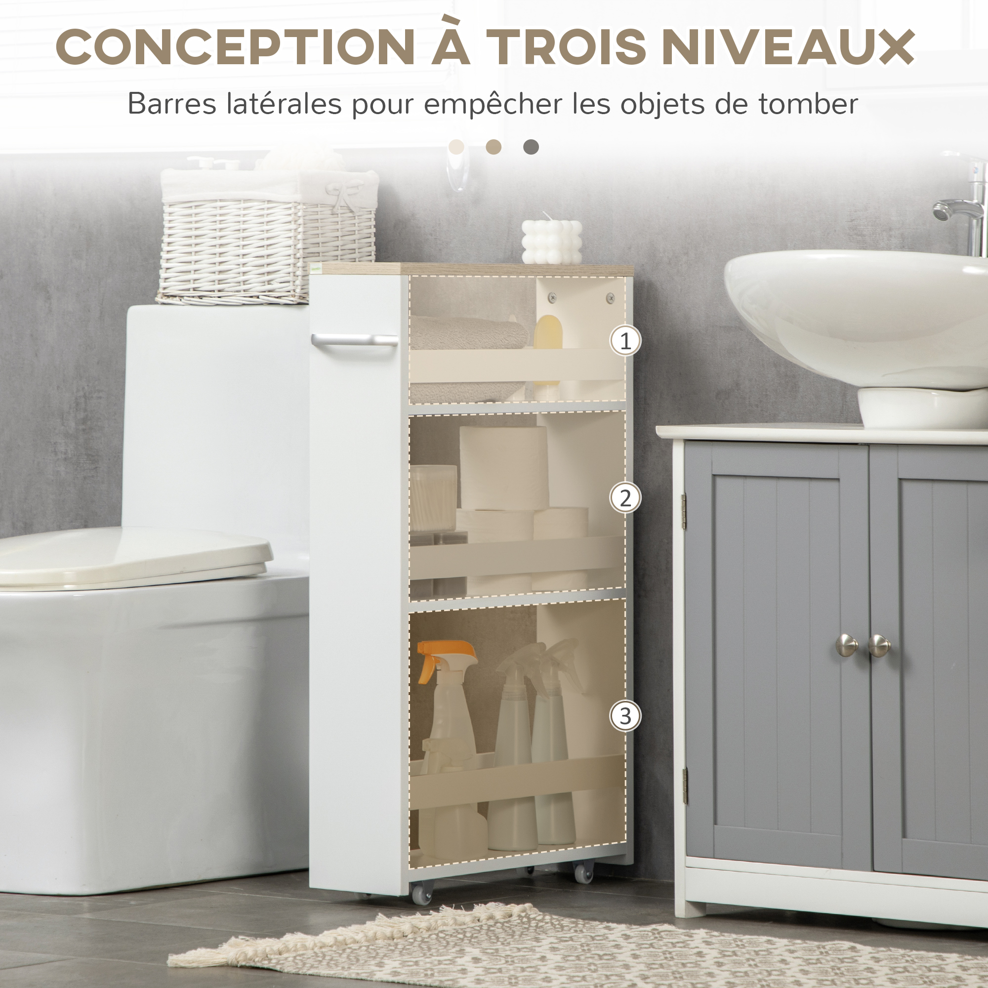Ronlap - Chariot De Rangement 3 étages Avec Roulettes | Étagère Mobile Blanche Pour Cuisine, Salle De Bain, Bureau - Design Réglable Et Crochets