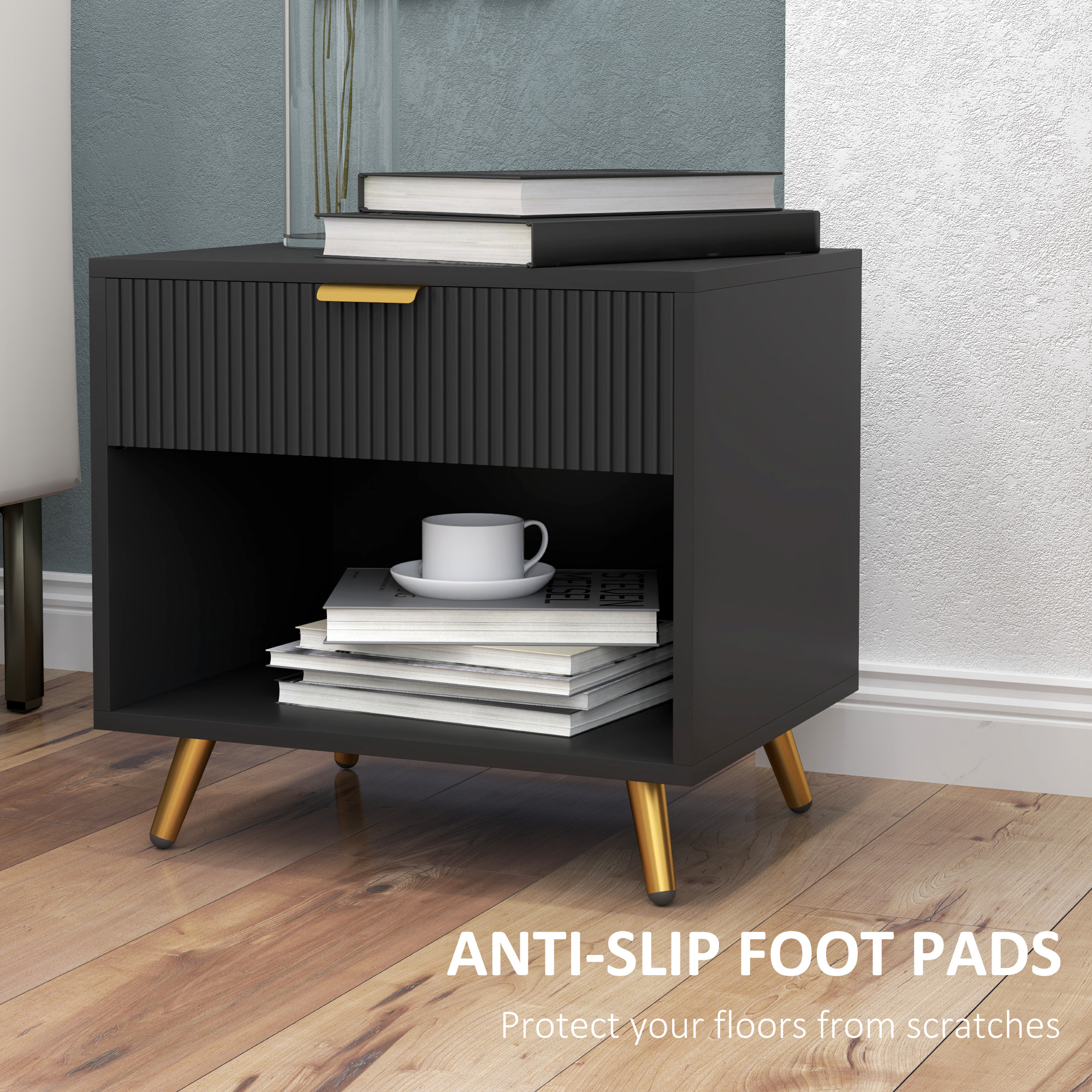 HOMCOM Elegant Bedside Table, with Drawer and Shelf Black/Gold Tone 7