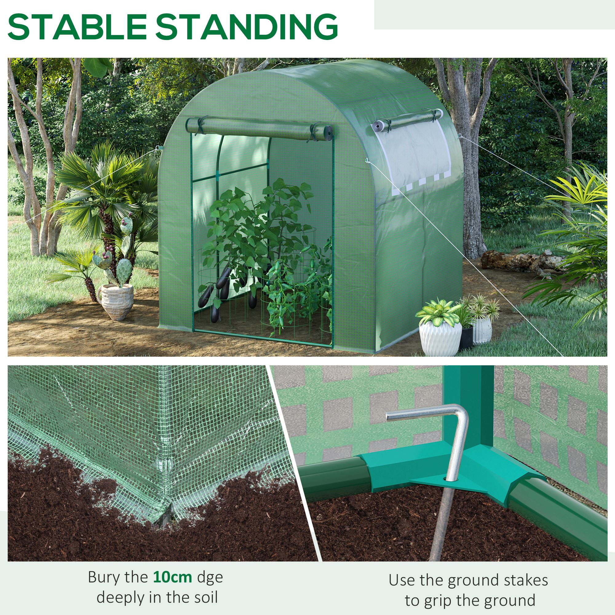 Outsunny Walk in Polytunnel Greenhouse, Green House for Garden with Roll-up Window and Door, 1.8 x 1.8 x 2 m, Green 5