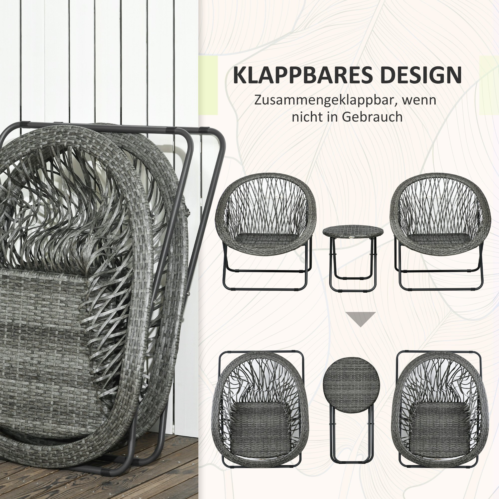 Aiamööbli komplekt, 3-osaline, rotangi imitatsioon, 2 tooli, 1 laud, kokkupandav, hall