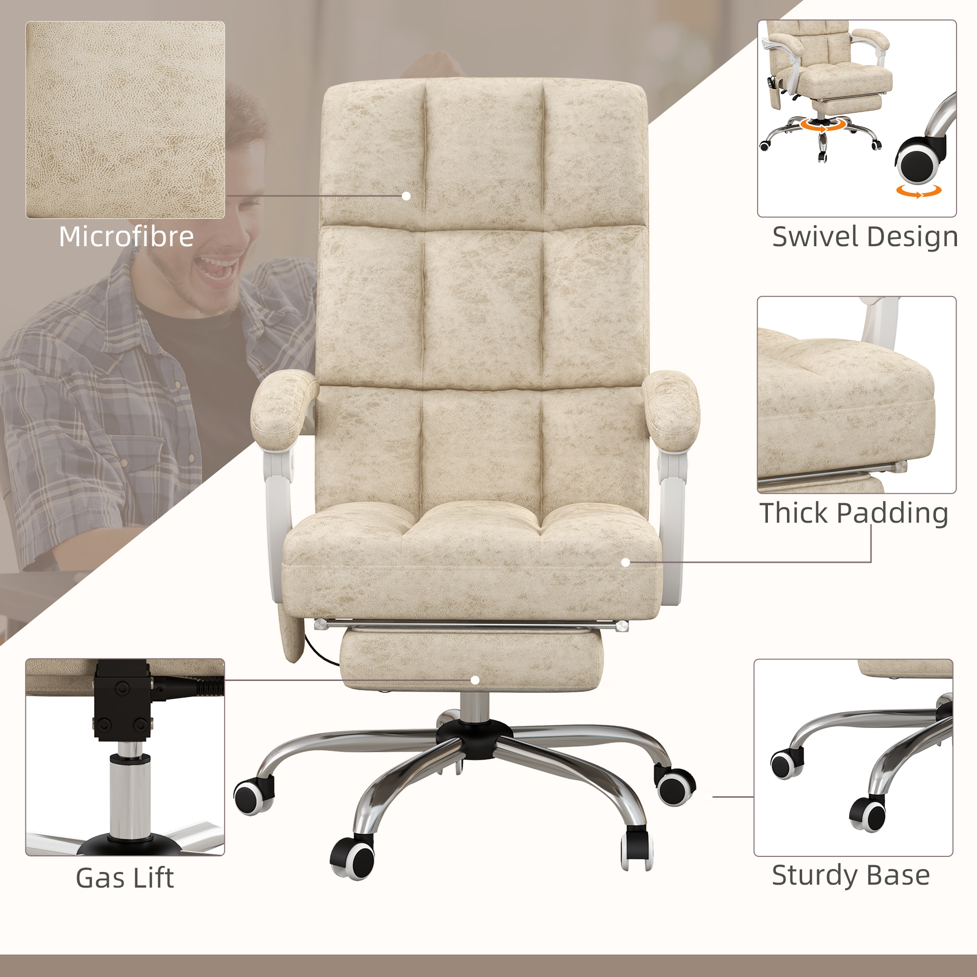 Vinsetto Massage Office Chair, Ergonomic Desk Chair, Comfy Work Study Chair with Heat, Padded Seat, 135° Reclining Back and Footrest for Home Office, Beige 7