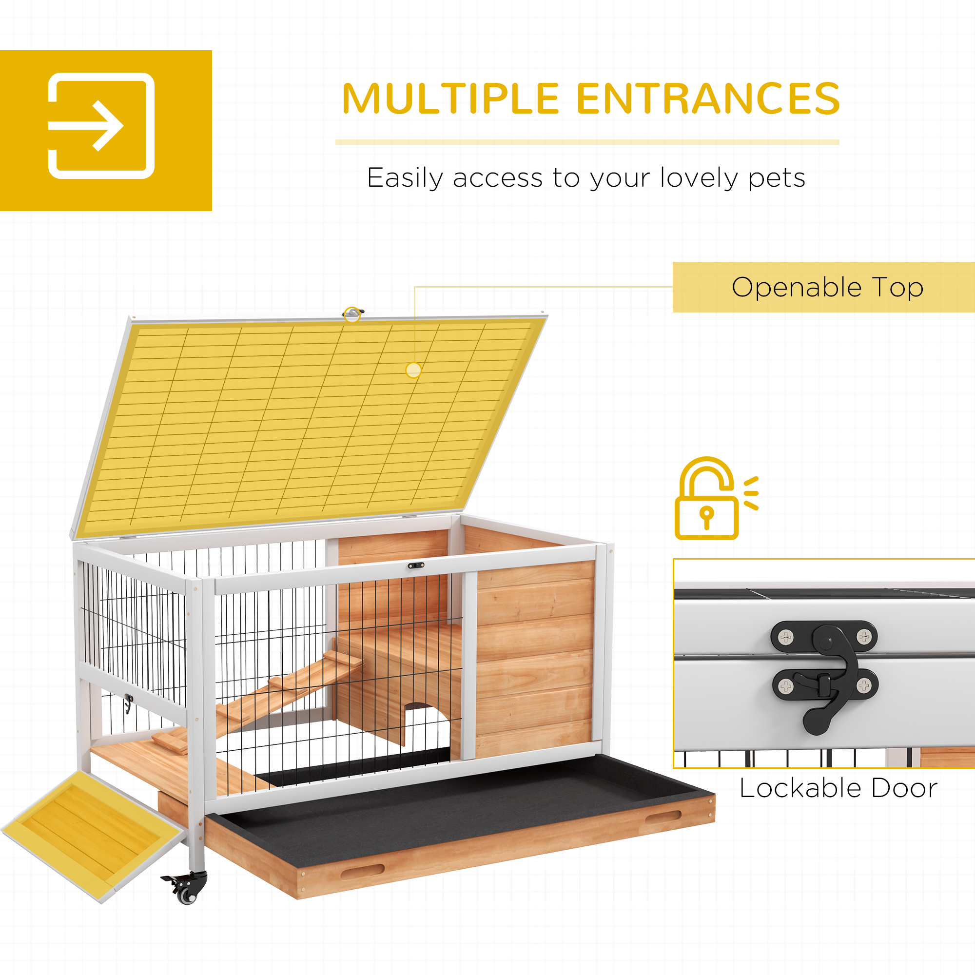 PawHut Wooden Guinea Pig Hutch, 2-Floor Bunny Cage w/ Enclosed Run Area, Yellow 5