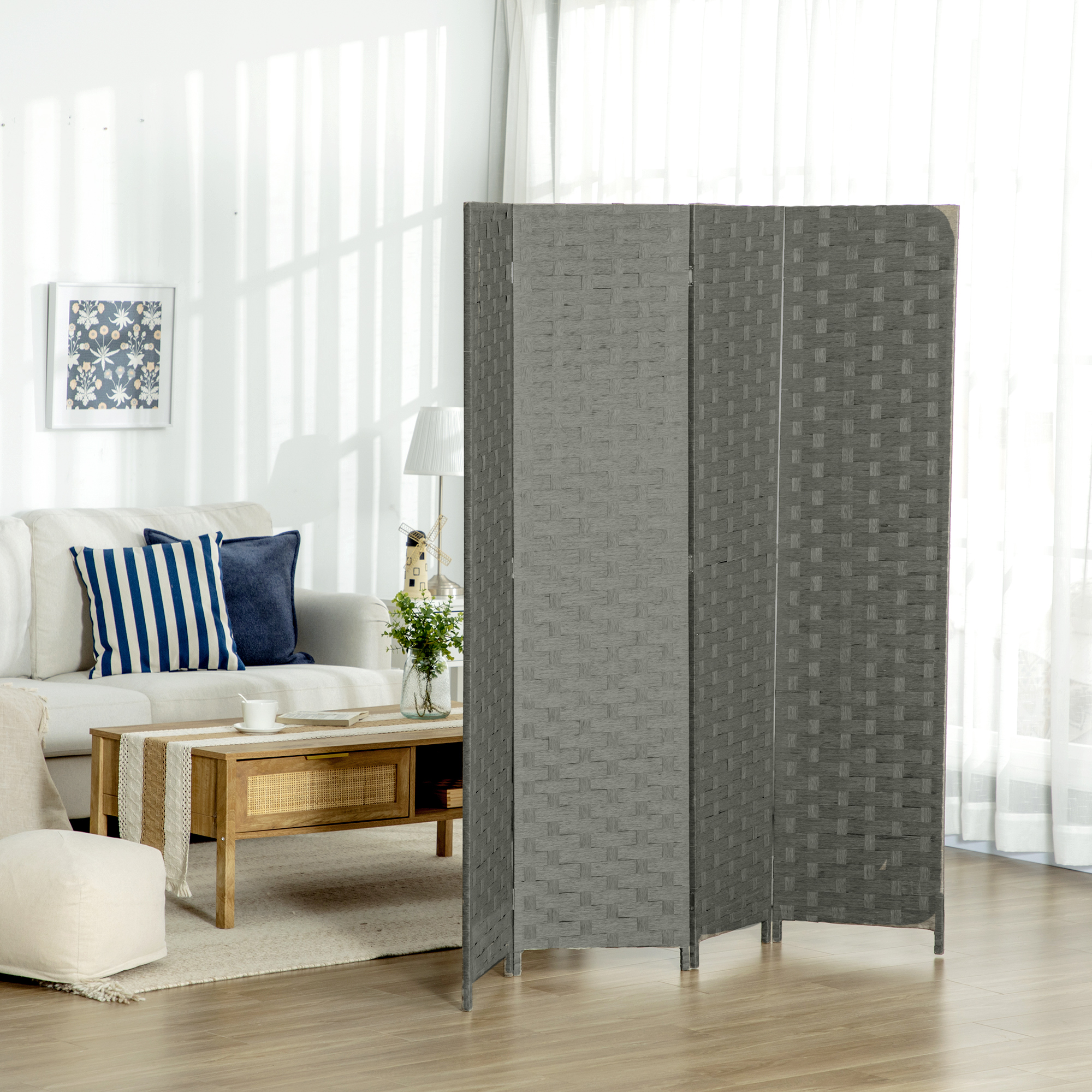 HOMCOM 4-Panel Room Dividers, Wave Fibre Freestanding Folding Privacy Screen Panels, Partition Wall Divider for Indoor Bedroom Office, 170 cm, Grey 2