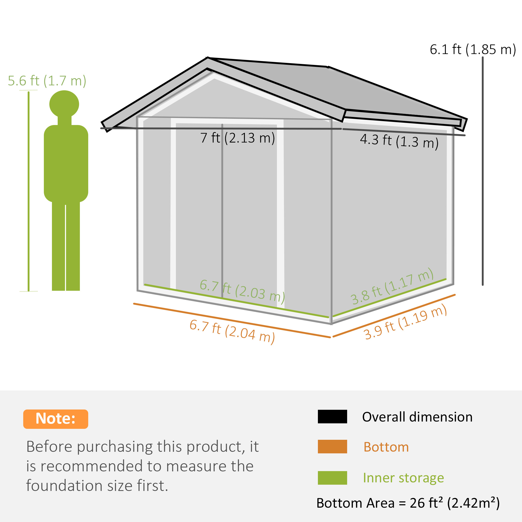 Outsunny 7 x 4ft Weatherproof Shed, Outdoor Bike Storage Shed with Ventilation Slots, Foundation Kit and Lockable Double Doors, Dark Grey 3