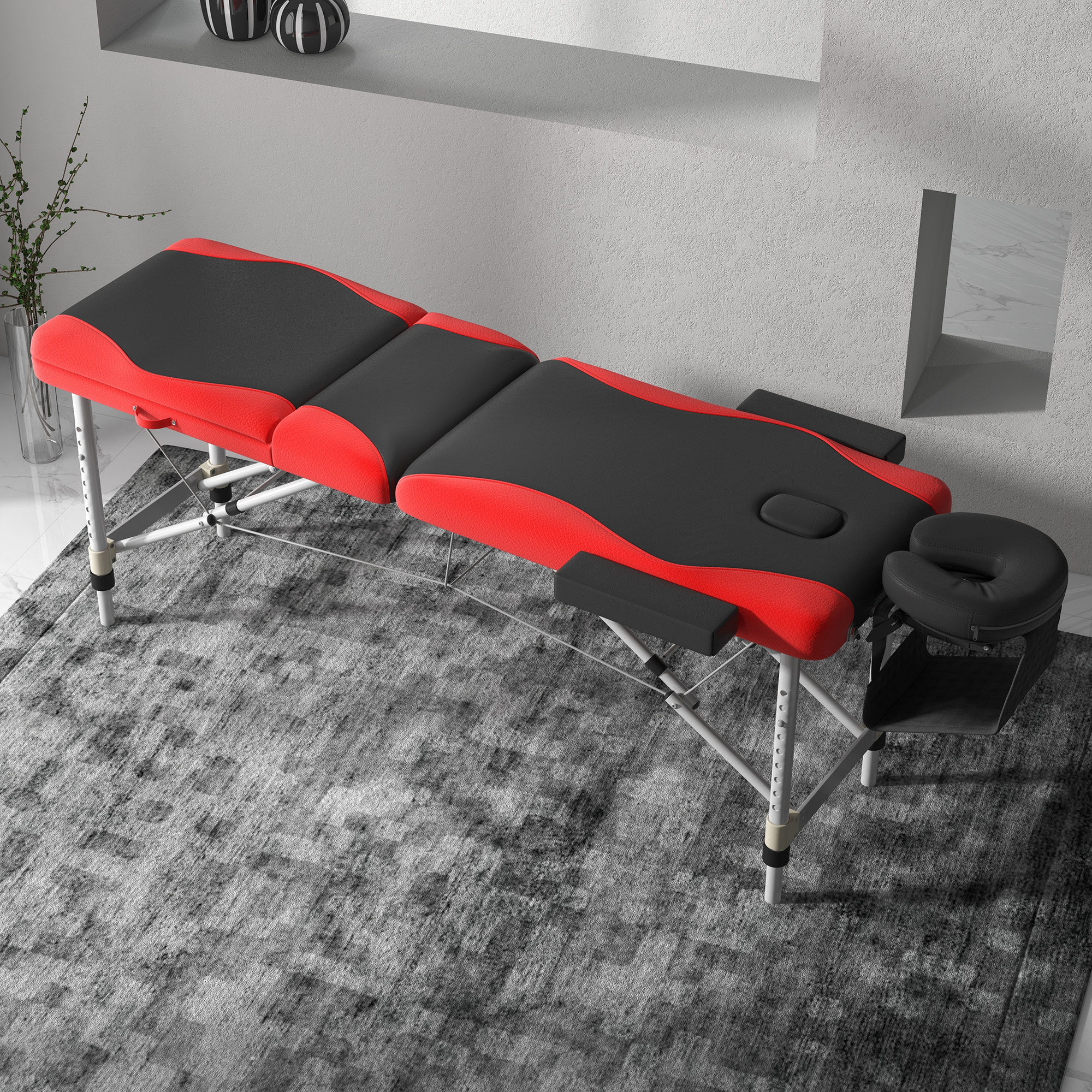 HOMCOM Foldable Massage Bed Portable Table, 3-Section Aluminium Foldable Beauty Couch, Professional Salon Spa Table with Headrest Support and Carry Bag, 60 cm Width, Black and Red