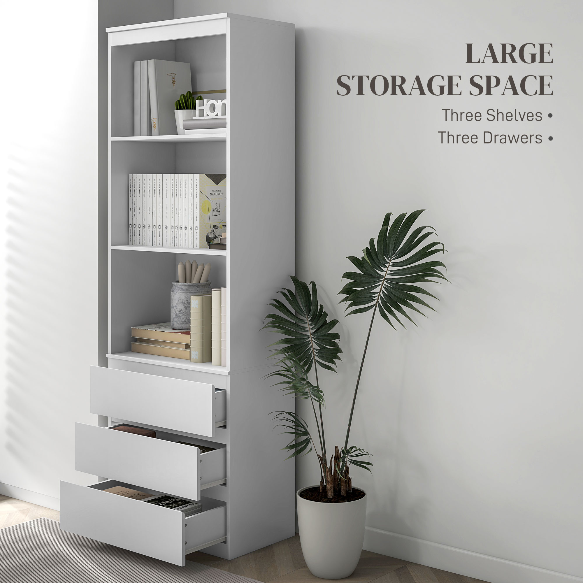 HOMCOM 180cm Tall Bookcase, with Shelves and Drawers White 4