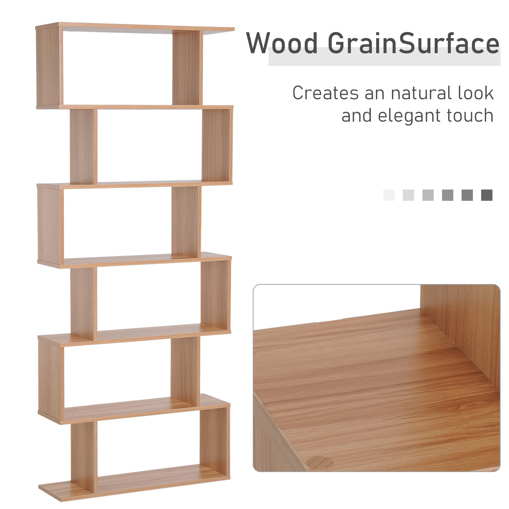 HOMCOM Bookcase, 6 Tier Shelf S Shaped Bookshelf, Storage Unit, Display Shelf for Living Room, Bedroom, Home Office, Plant, Maple 6