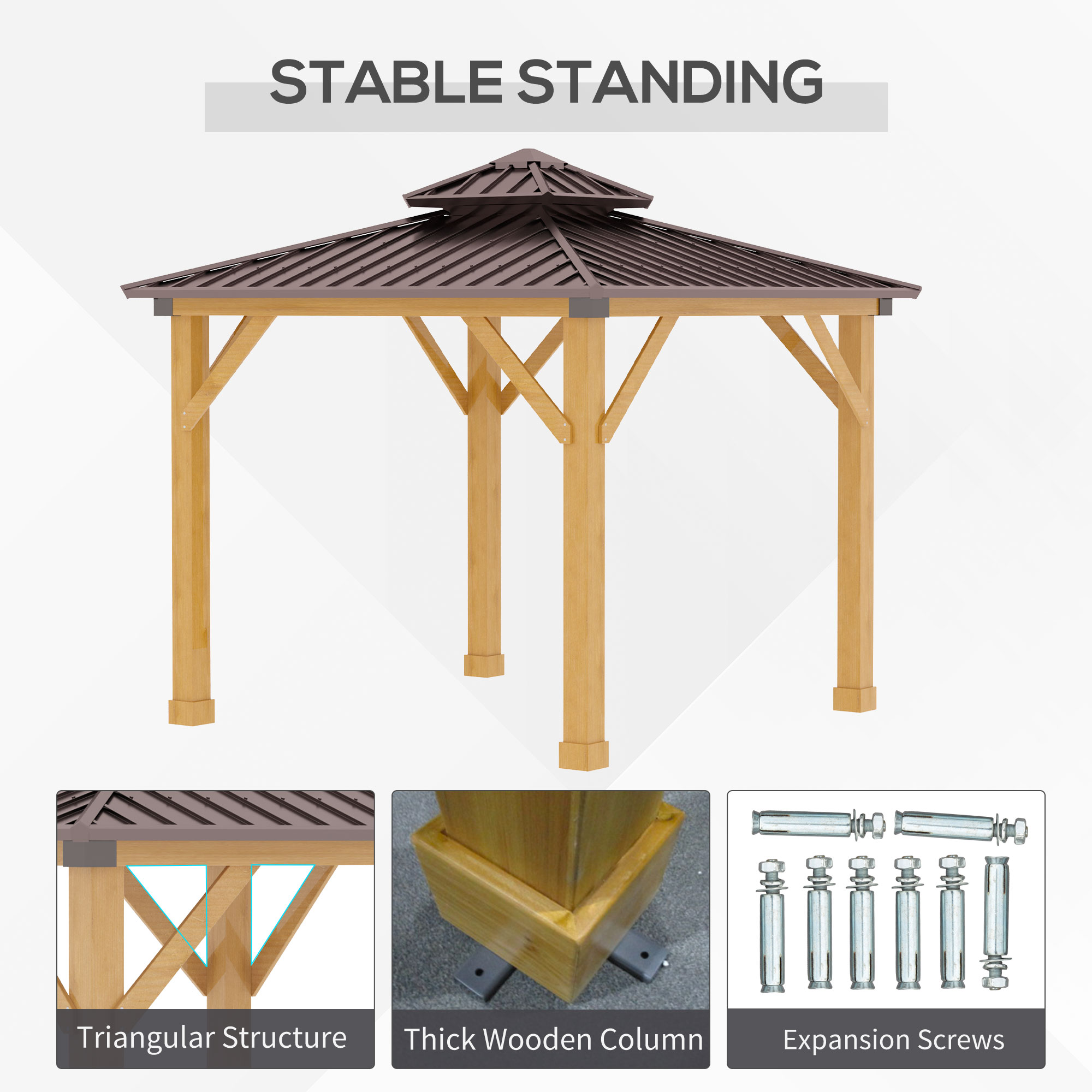 Outsunny 3x(3)M Outdoor Hardtop Gazebo Canopy with 2-Tier Roof and Solid Wood Frame, Outdoor Patio Shelter for Patio, Garden, Brown 5