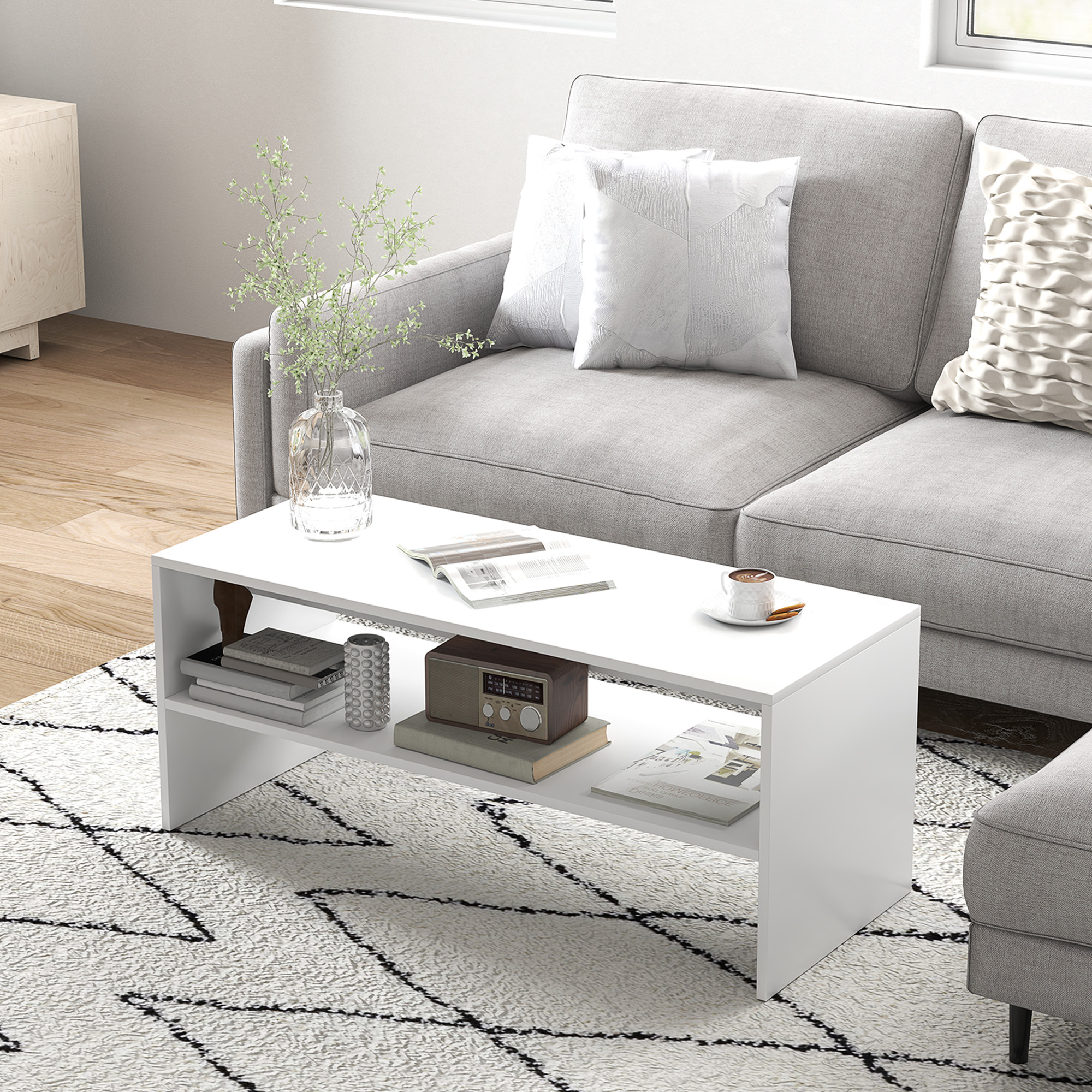 HOMCOM Tavolino da Caffè Moderno in Legno a 2 Livelli con Ripiano Aperto, 100x40x41.5 cm, Bianco