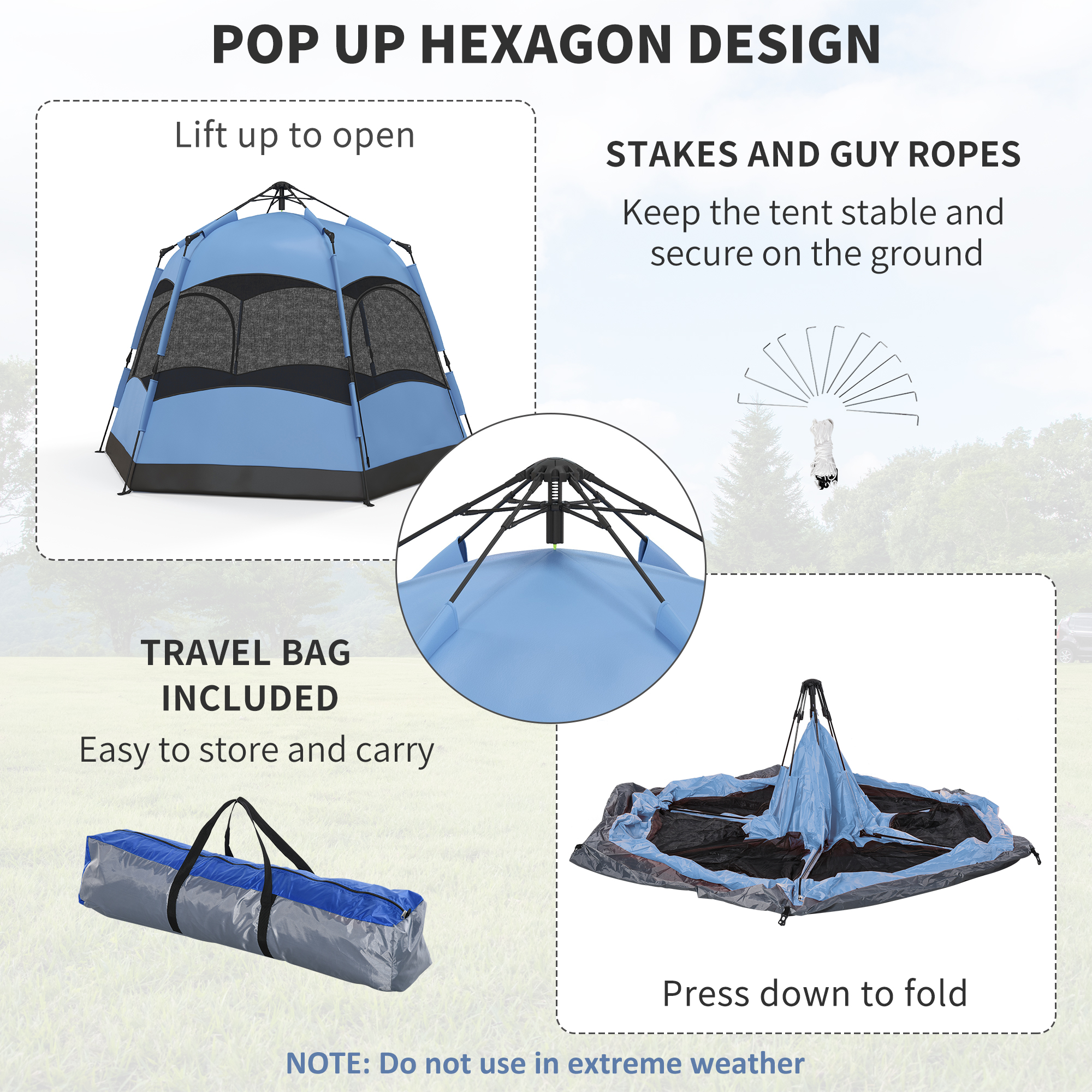 Outsunny Six Man Hexagon Camping Tent with Hang Hook and Carry Bag Blue and Black 5